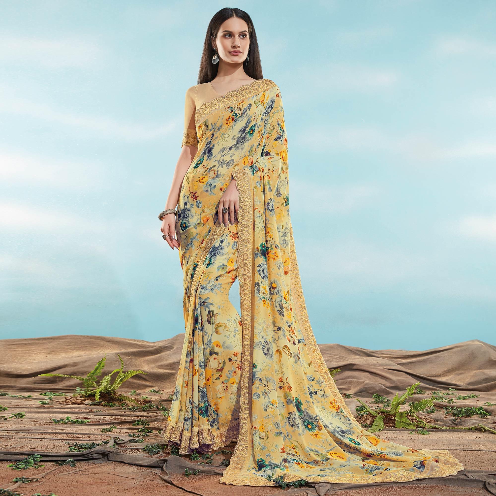 Peachmode Cream Floral Printed With Embroidered Border Georgette Saree - view 2