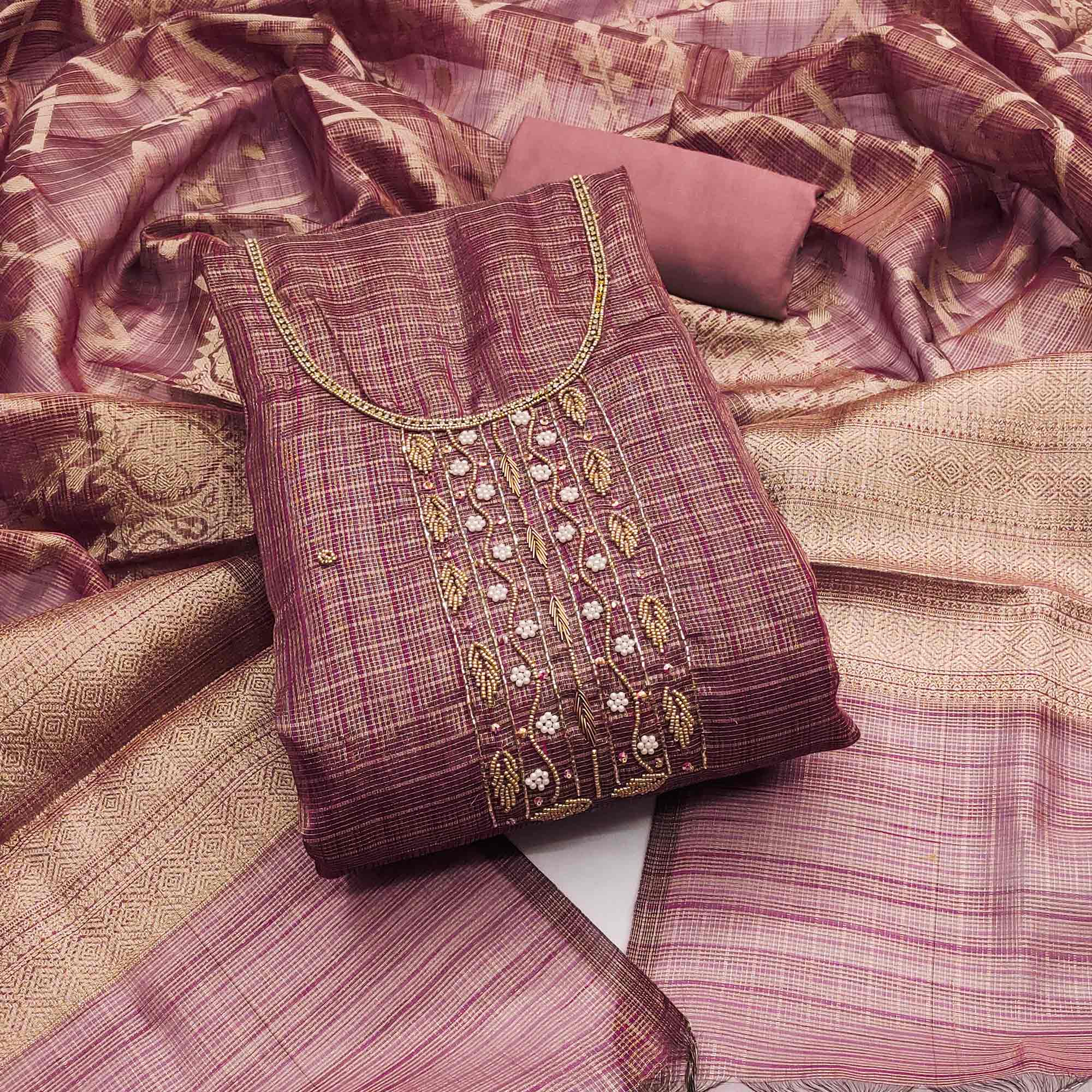 Peachmode Mauve Floral Handwork With Woven Viscose Dress Material