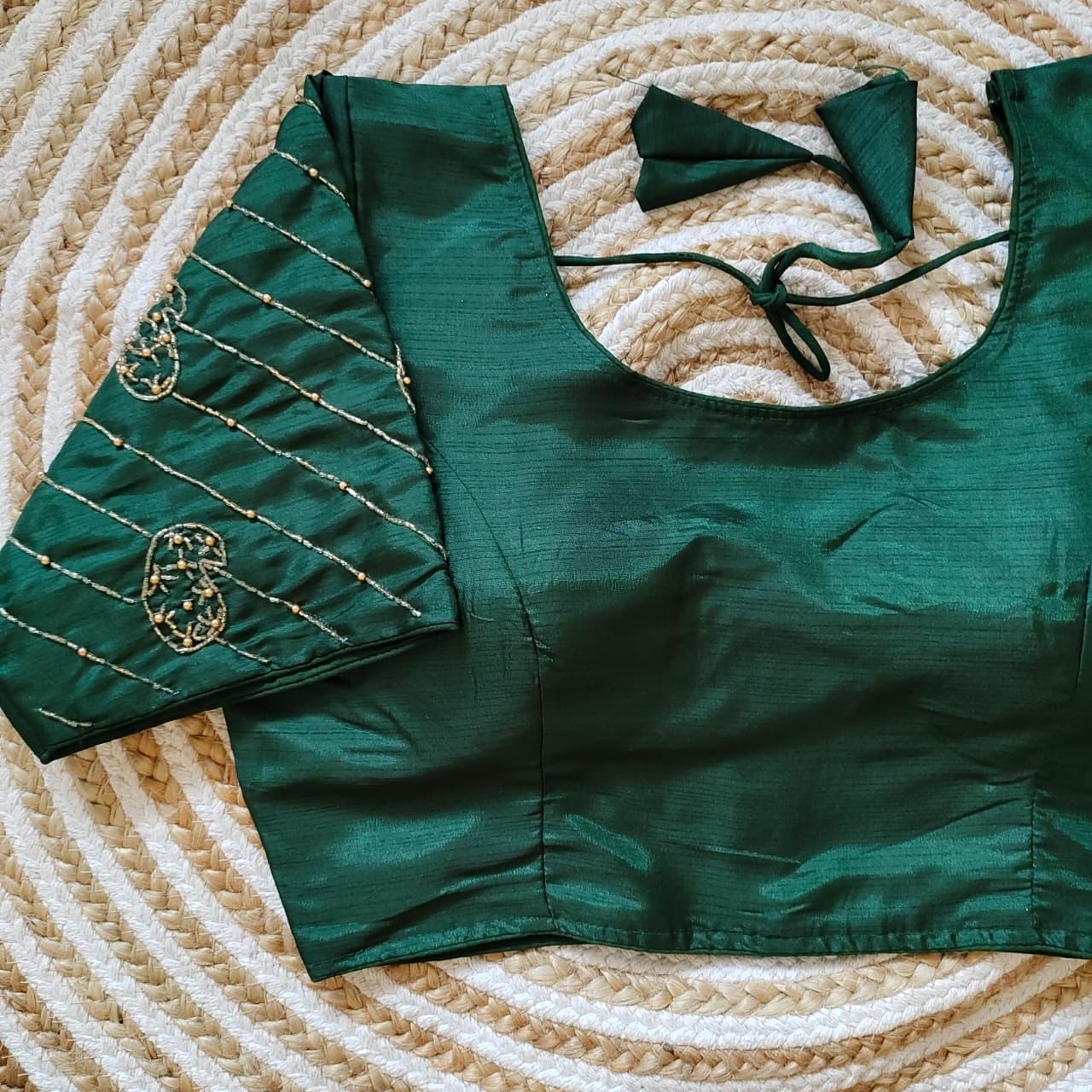 ClothsVilla Green Pure Silk Blouse with Handcrafted Sleeves and Back Opening - view 2