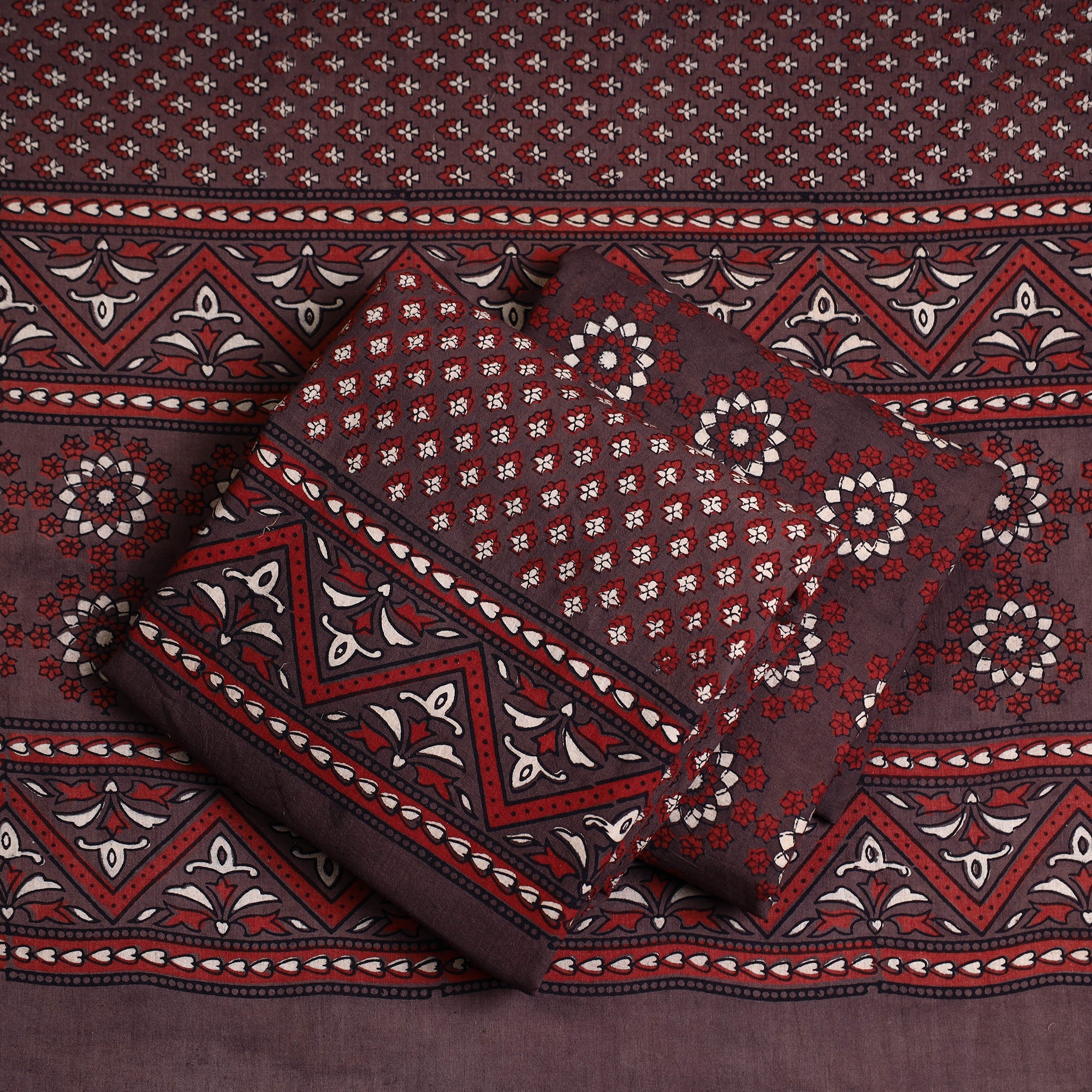 AJRAKH BY JABBAR KHATRI Brown - Hand Block Print Cotton 3pc Ajrakh Dress Material 35 - view 2