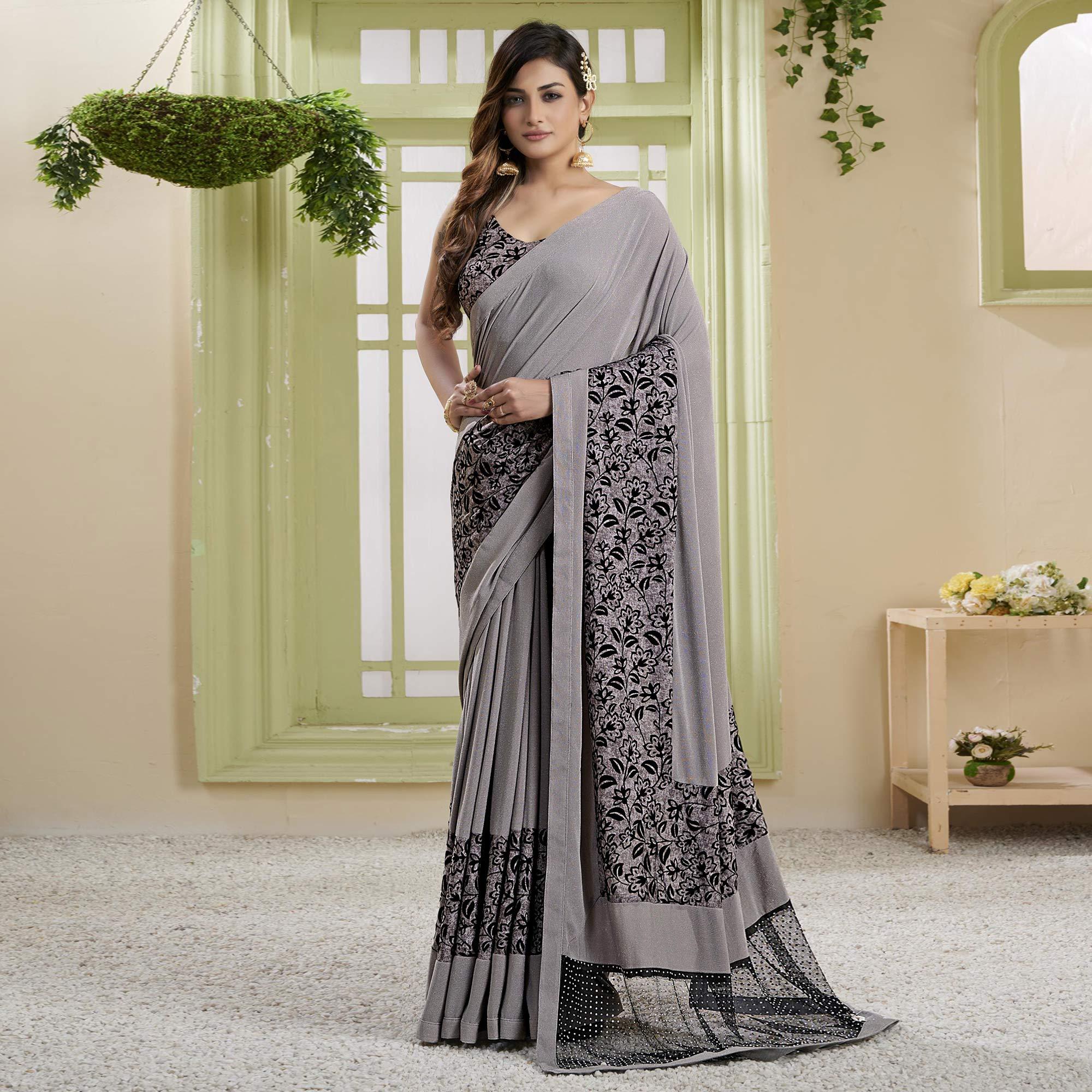 BlackTree grey-party-wear-embellished-lycra-saree-140218 - view 3