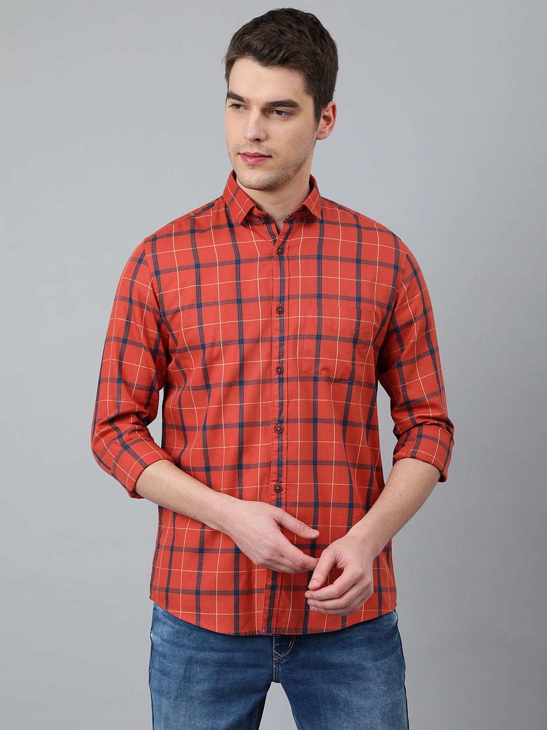 BlackTree Men Rust Standard Fit Checkered Casual Shirt