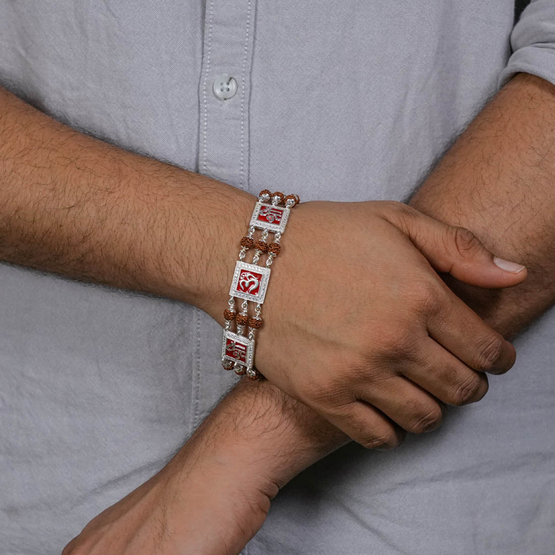 Prinjal Jewellers Rudraksha Silver Om With Shree Tripal Line Bracelet - view 3
