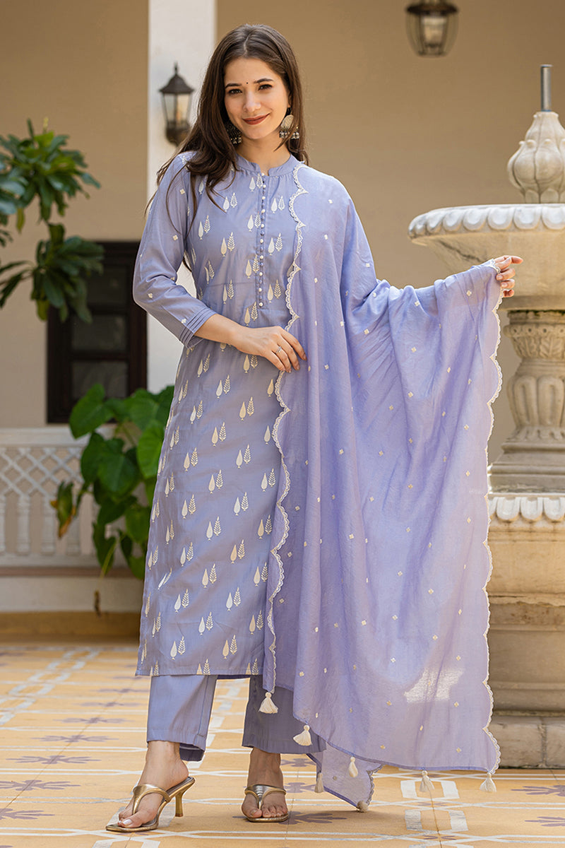 Ahika Blue Silk Blend Solid Embroidered Straight Suit Set With Trouser Bottom PKSKD2688
