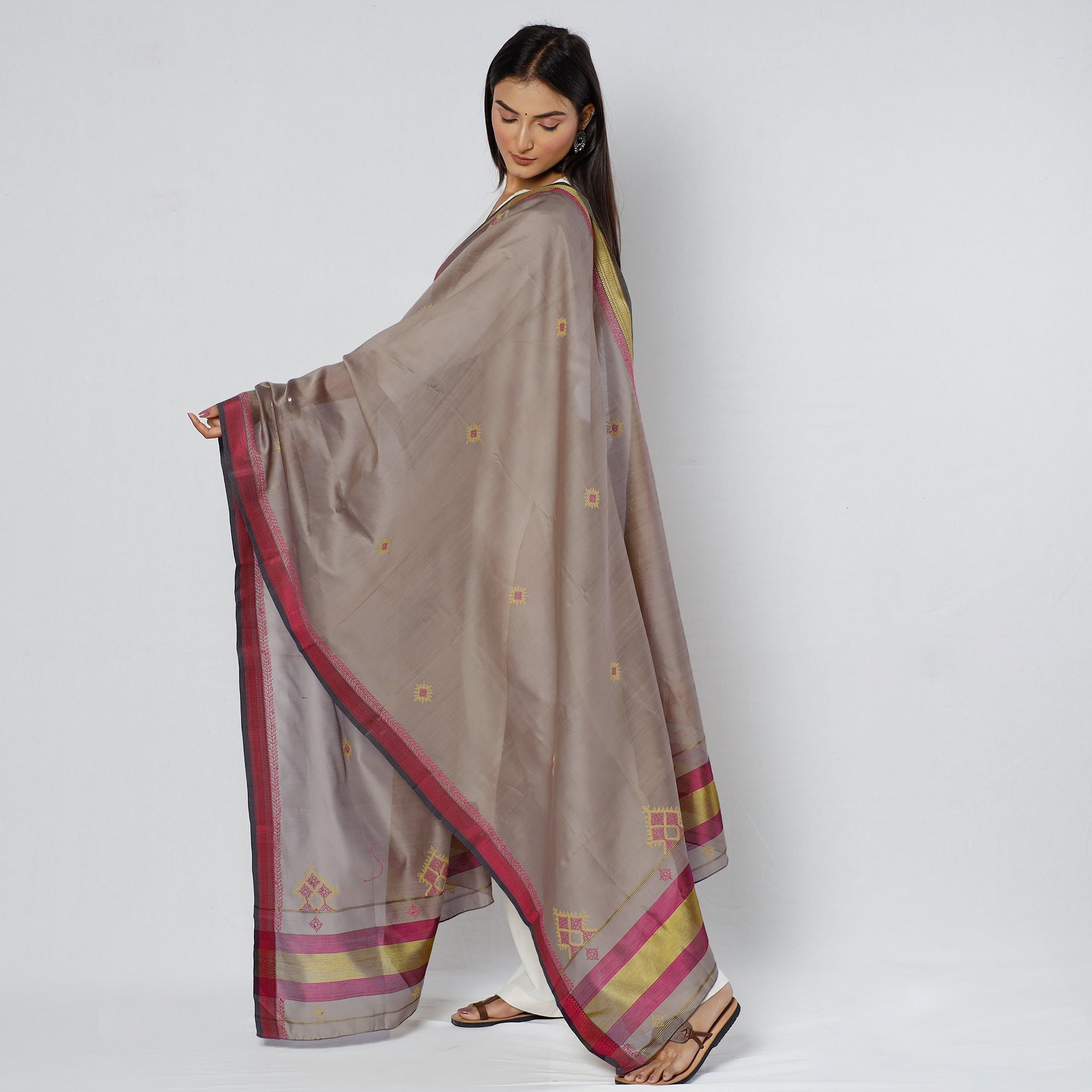 ITOKRI CRAFTS INITIATIVE Brown - Gavanti Kasuti Embroidery Handloom Maheshwari Silk Dupatta - view 3