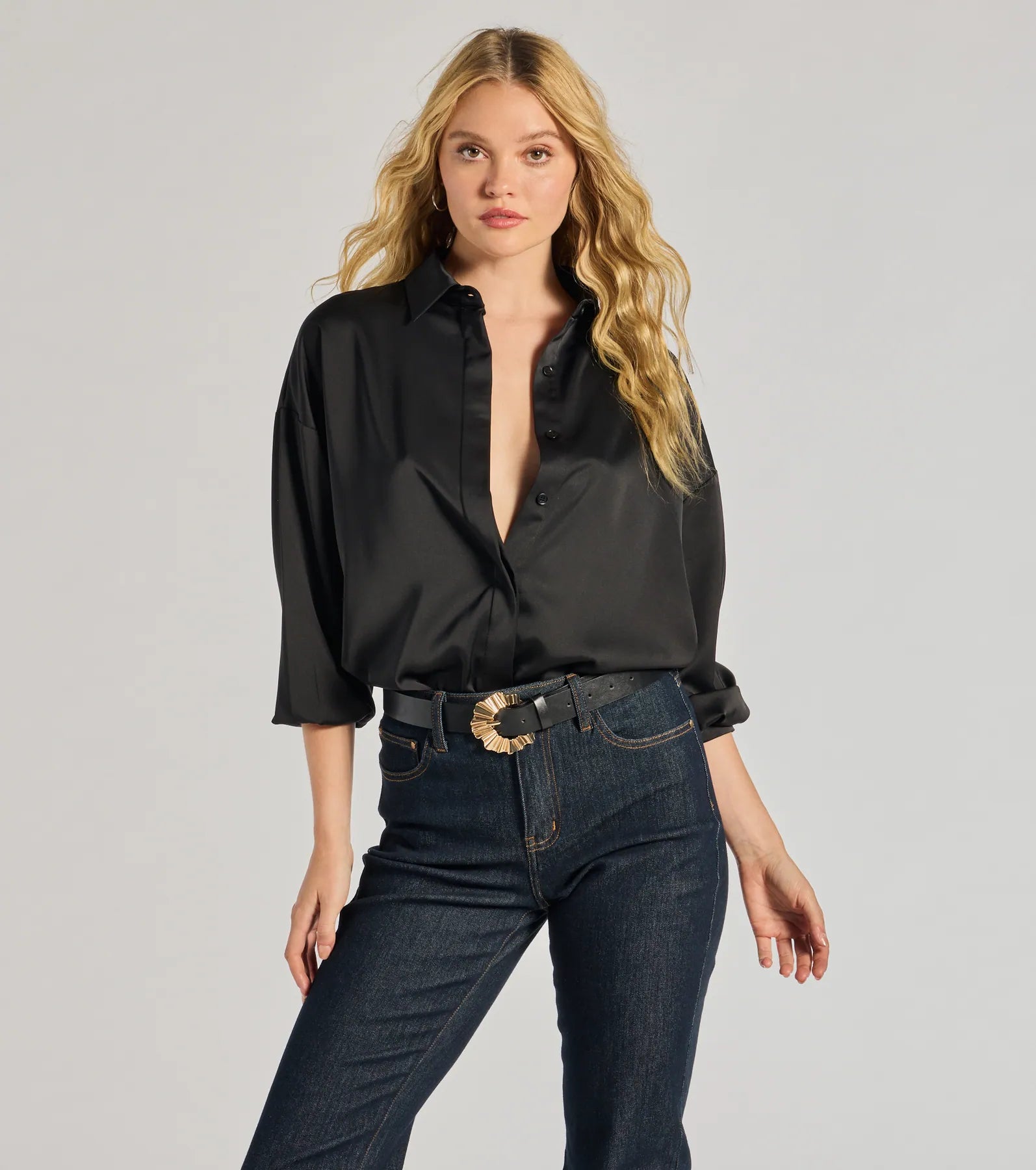 Windsor Always Chic Satin Button-Down Long Sleeve Top