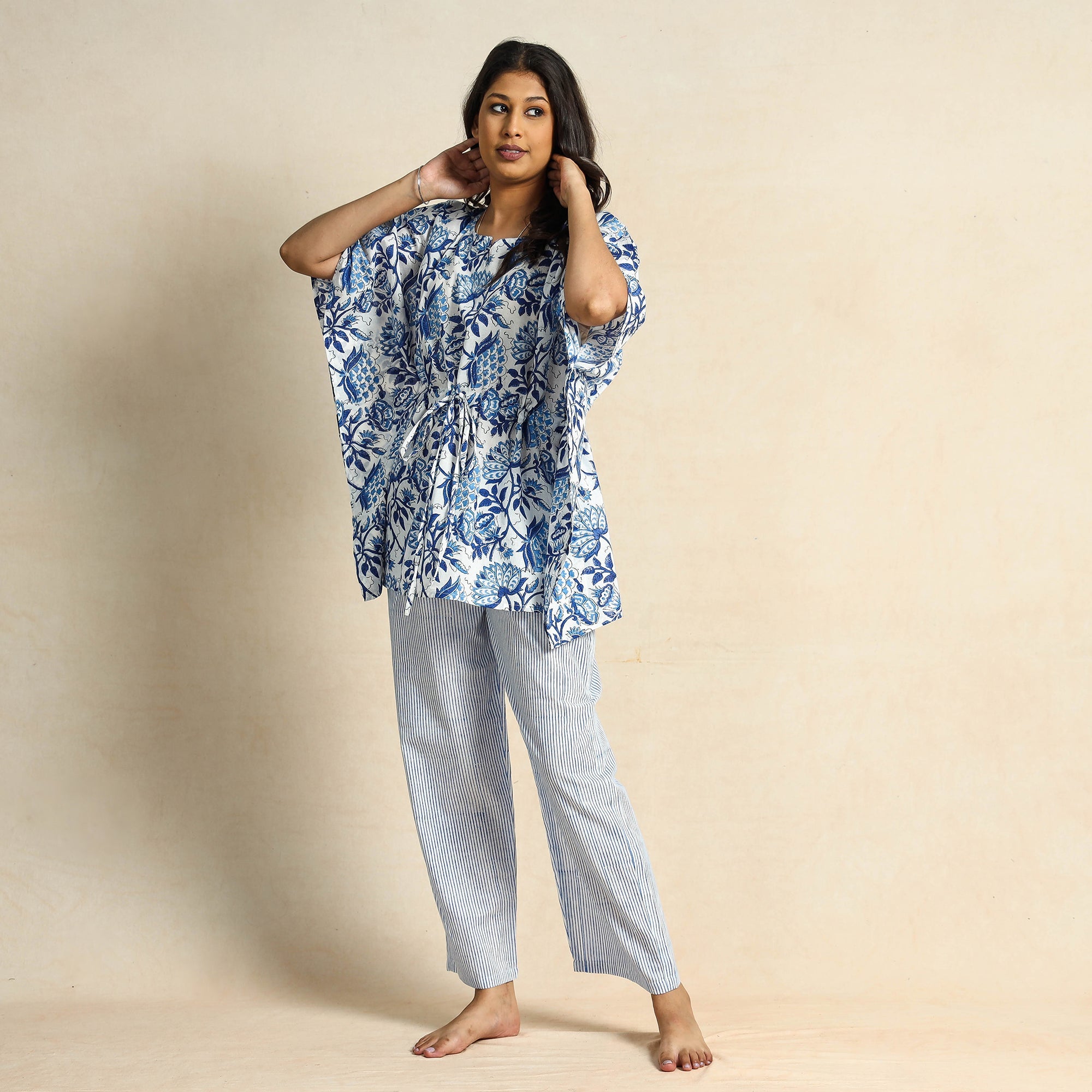 CHUTNEY CRAFT STUDIO Blue - Hand Block Printed Cotton Kaftan & Pyjama Night Suit Set