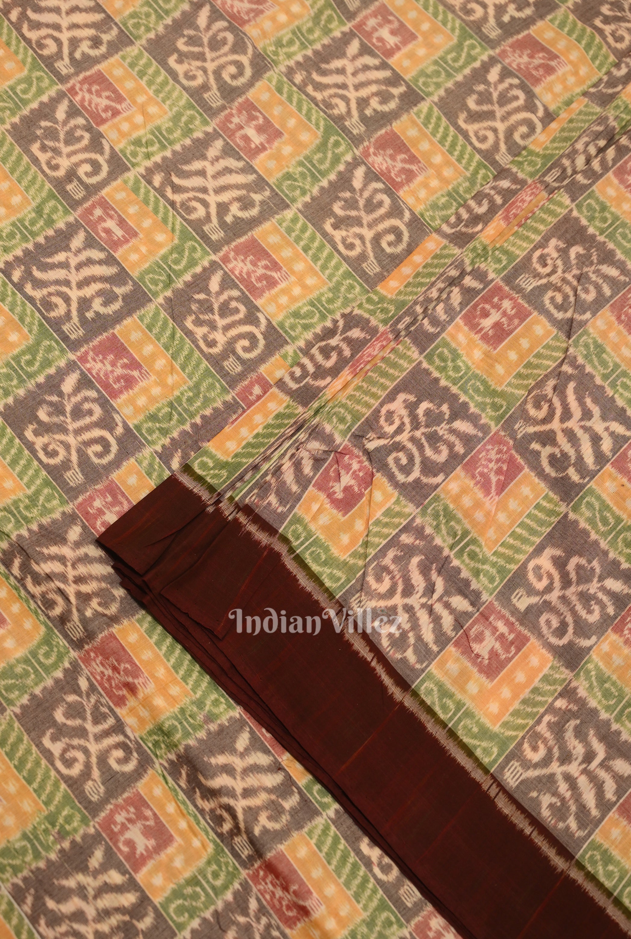 IndianVillèz Cement Gray Coffee Tribal Theme Sambalpuri Ikat Cotton Fabric - view 2