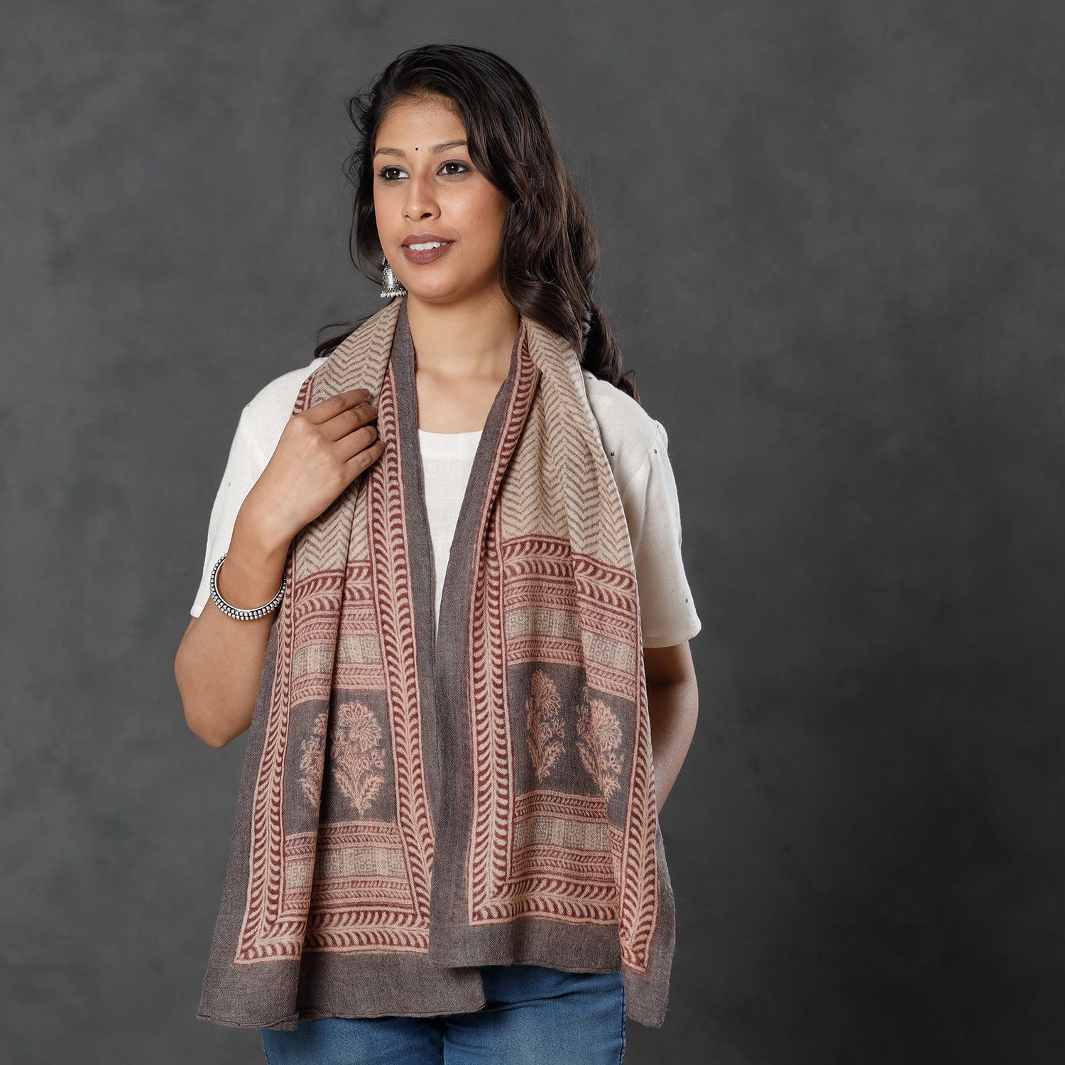 BAGH PRINTS BY MOHAMMED BILAL KHATRI Beige - Bagh Block Printed Natural Dyed Woolen Muffler (61 in)
