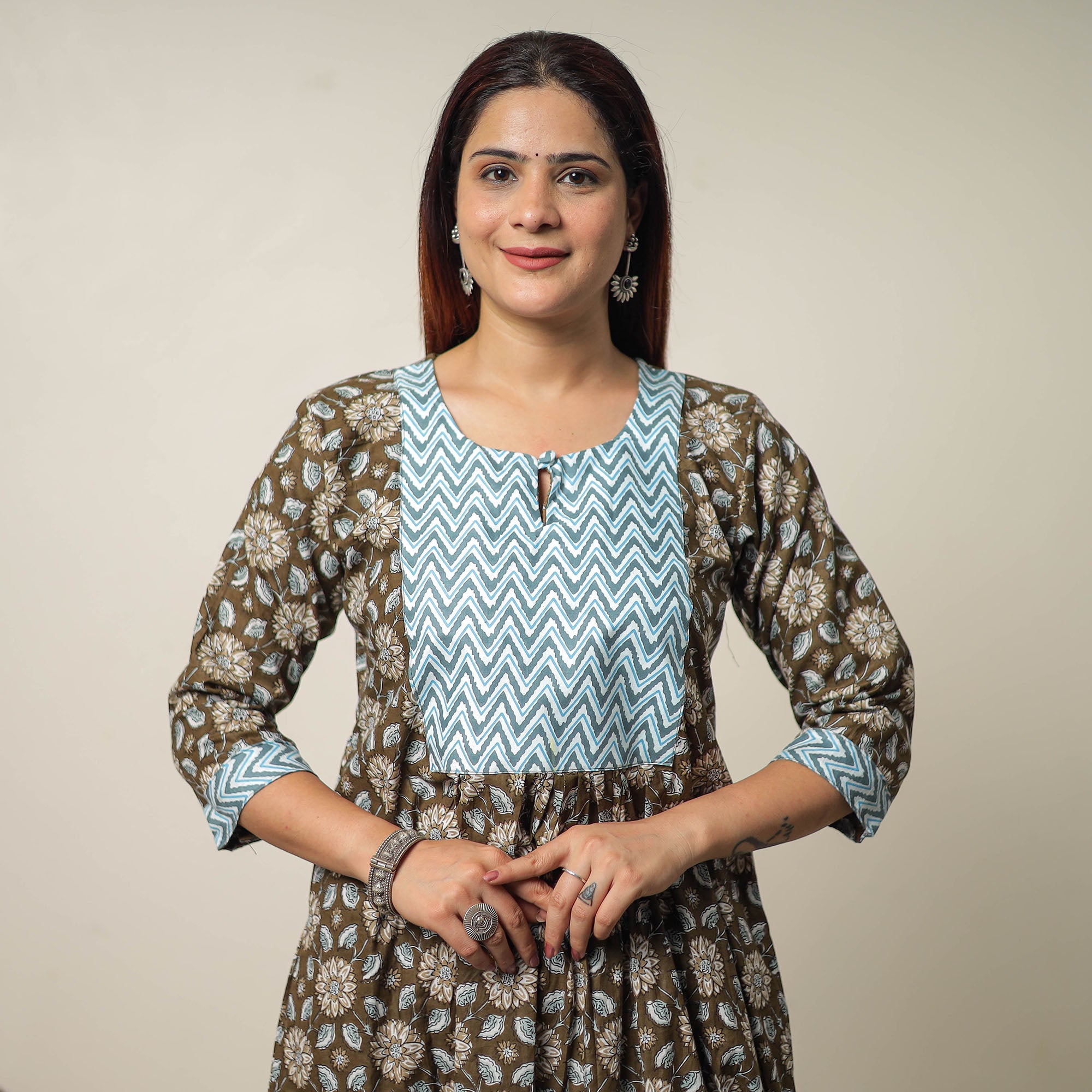 ITOKRI CASUALS Brown - Jaipur Printed Cotton A-Line Kurta with Patchwork 01