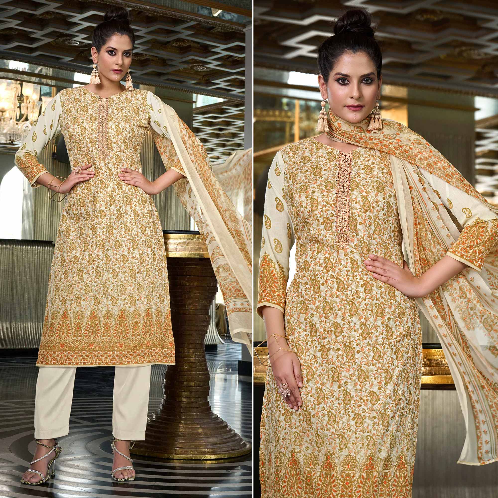 Peachmode Cream Printed With Embroidered Pure Cotton Salwar Suit