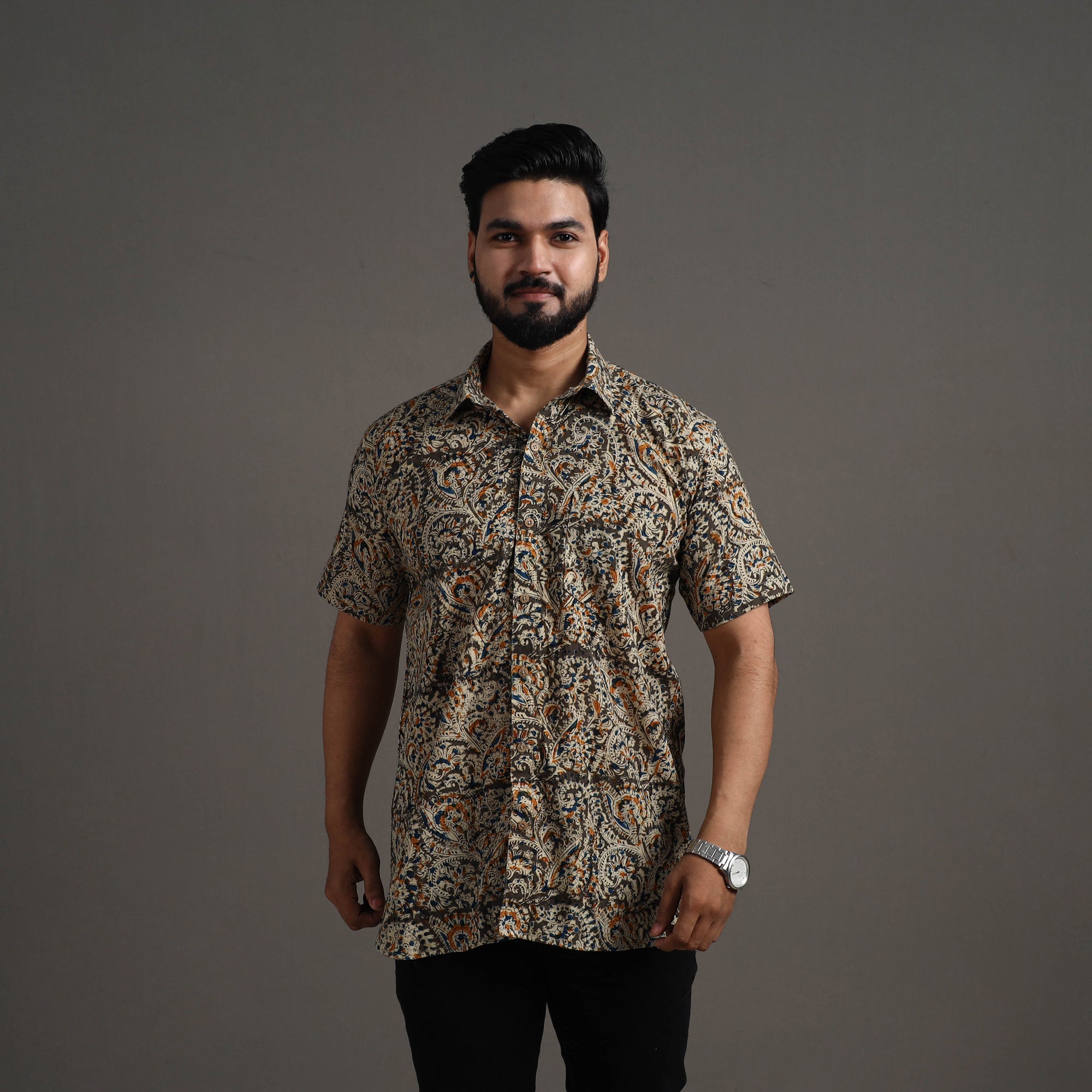 ITOKRI CASUALS Brown - Kalamkari Block Printed Cotton Men Half Sleeve Shirt 03