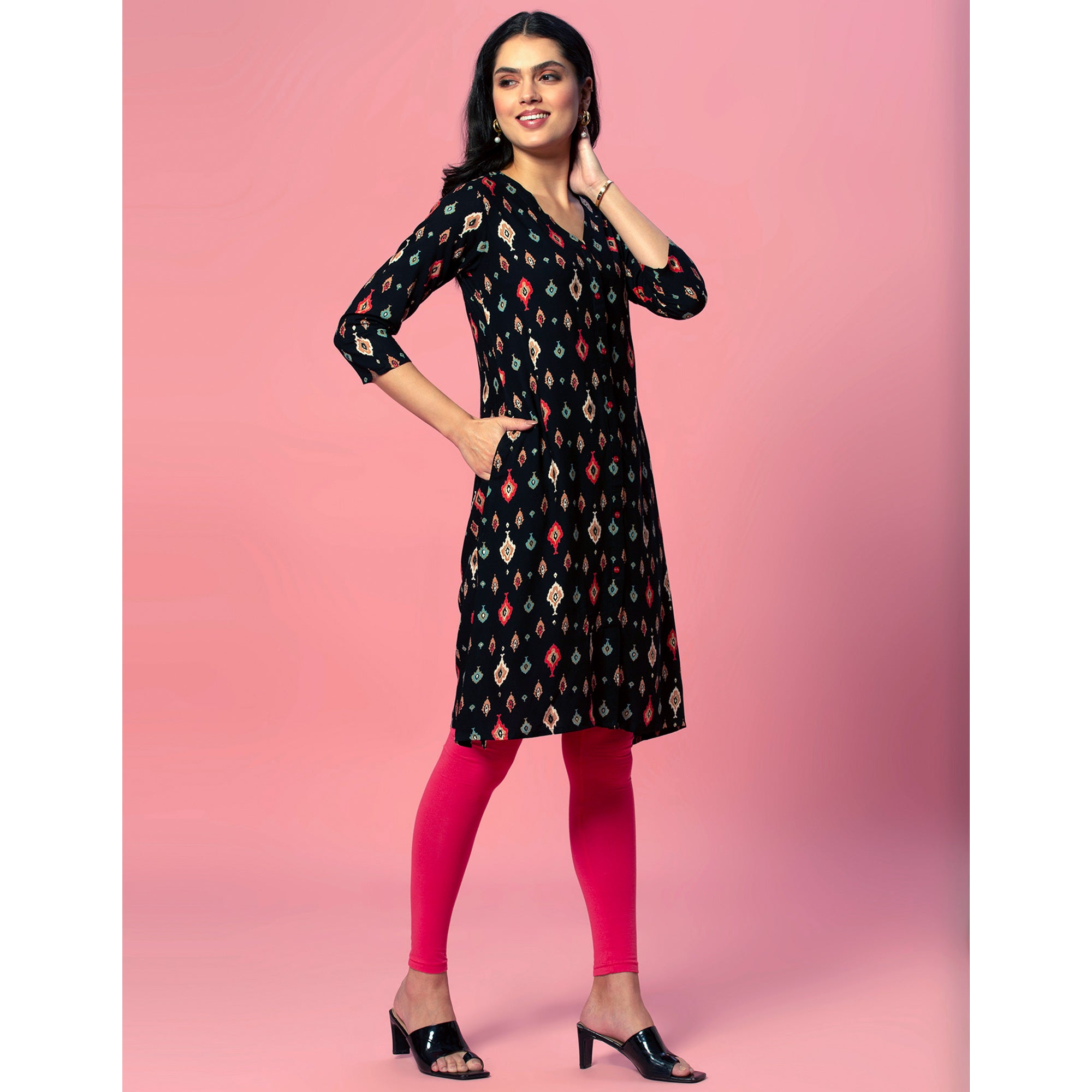 Peachmode Black Ikkat Printed Rayon Straight Kurti - view 6