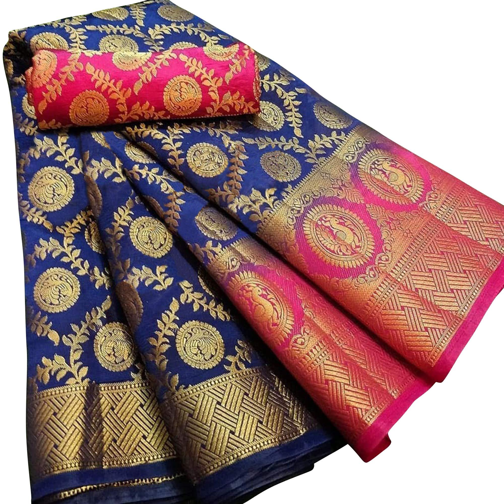 Peachmode Ethnic Navy Blue Colored Festive Wear Woven Silk Blend Saree