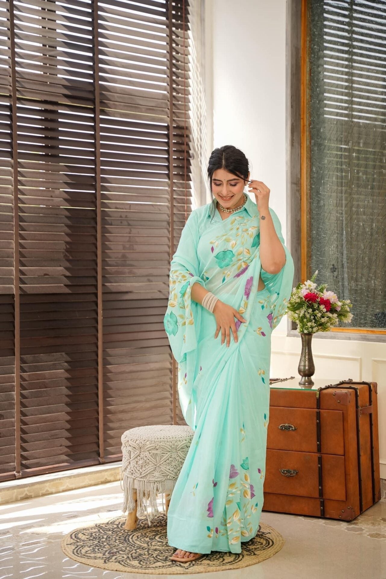 Idaho-o Lilith blue handpainted saree – Women's - view 2