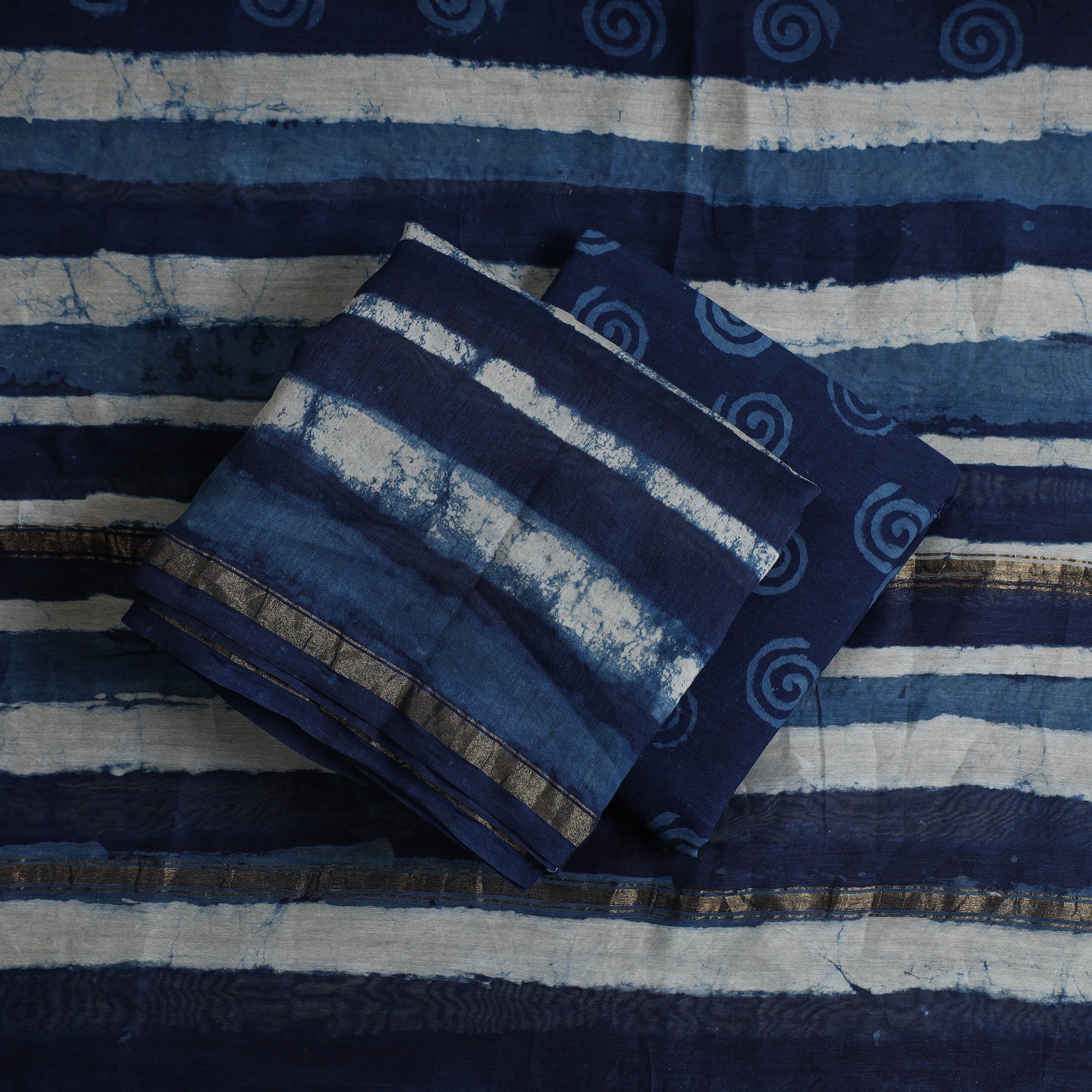 ARTISAN HAND BLOCK PRINTS Blue - 3pc Chanderi Silk Indigo Bagru Print Dress Material 01 - view 2