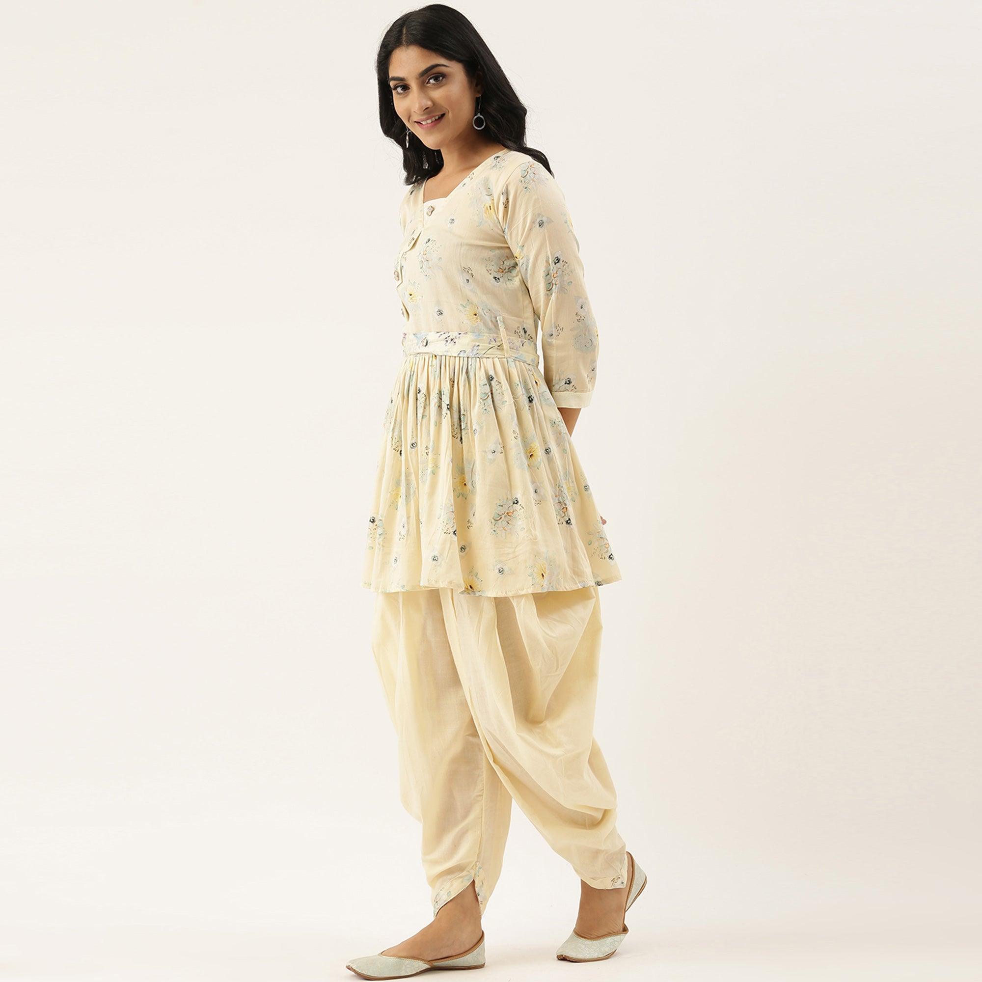 Peachmode Seller Cream Casual Wear Printed Pure Cotton Kurti With Dhoti Set - view 3
