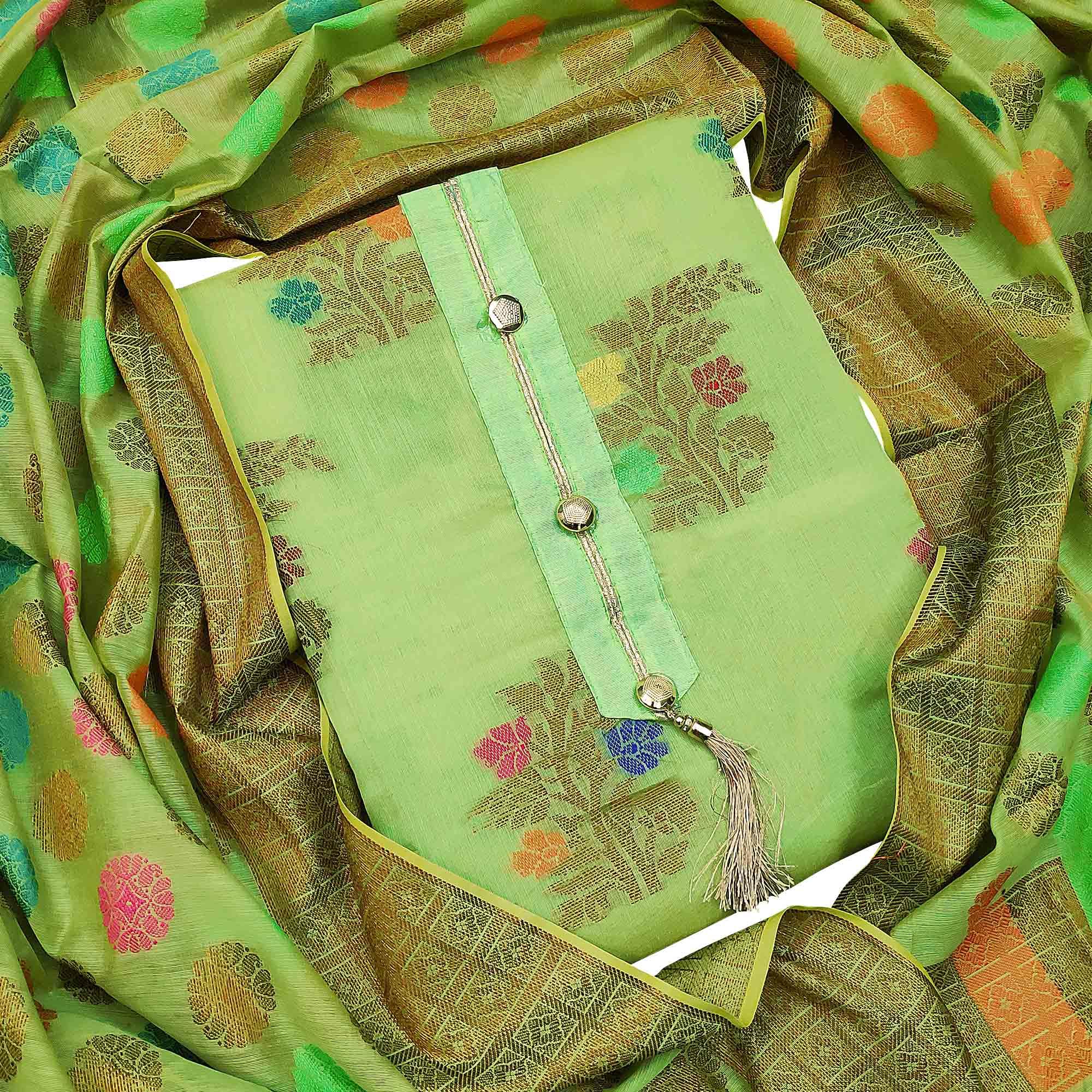 Peachmode Elegant Green Colored Festive Wear Woven Heavy Banarasi Silk Dress Material