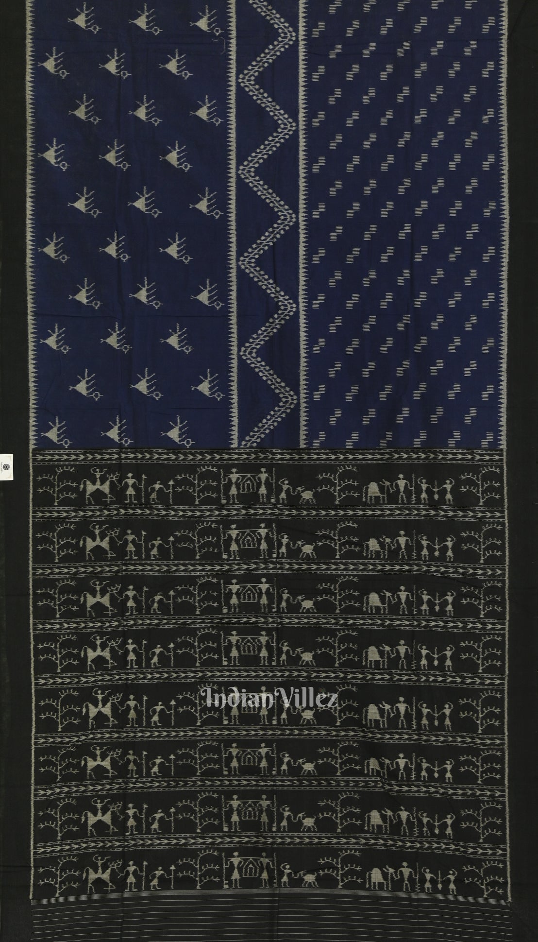 IndianVillèz Navy Blue Tribal Theme Odisha Ikat Sambalpuri Pure Cotton Saree