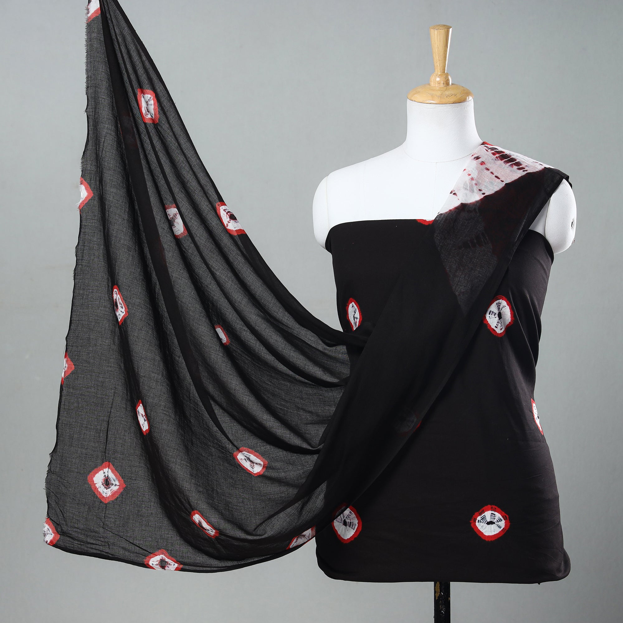 ARTISAN HAND BLOCK PRINTS Black - 3pc Shibori Tie-Dye Mul Cotton Suit Material Set