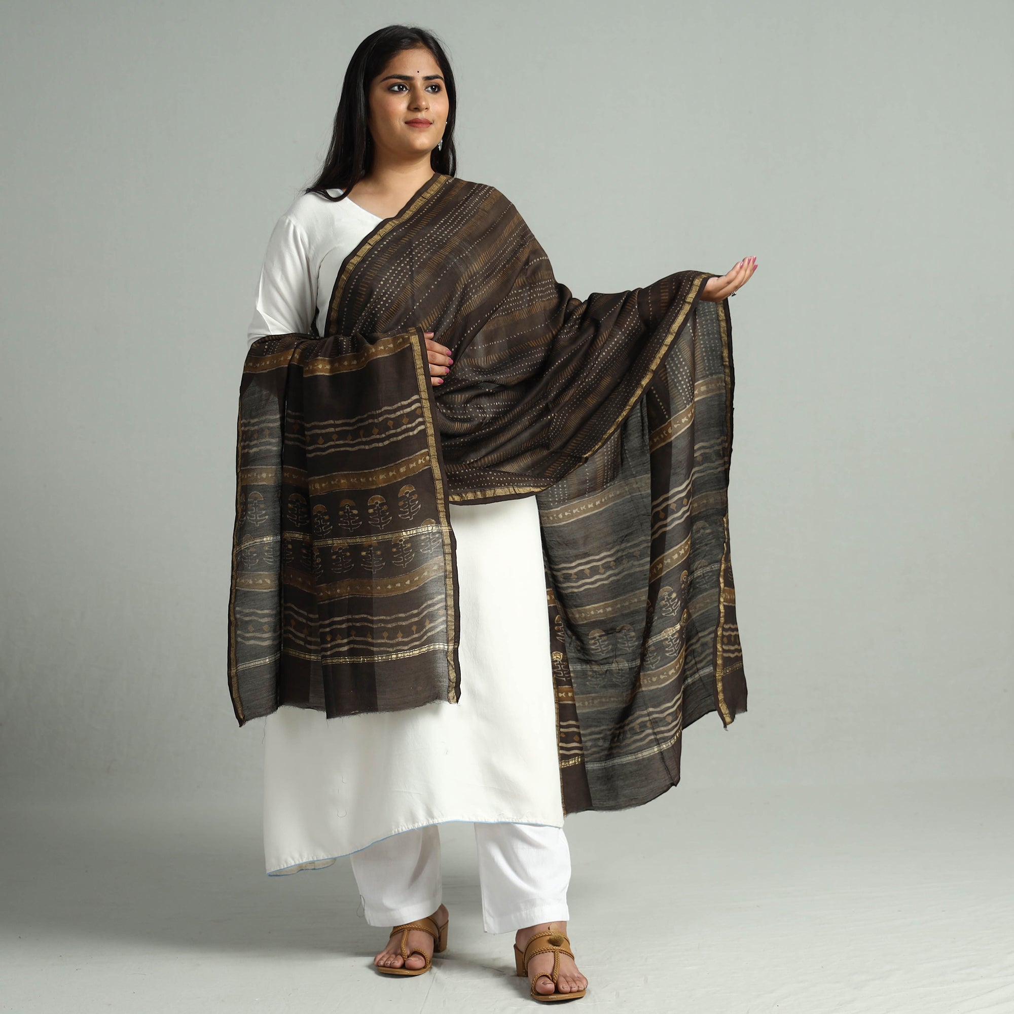HAVELI CHRONICLES Brown - Akola Dabu Block Printed Handloom Chanderi Silk Dupatta with Zari Border 13 - view 2