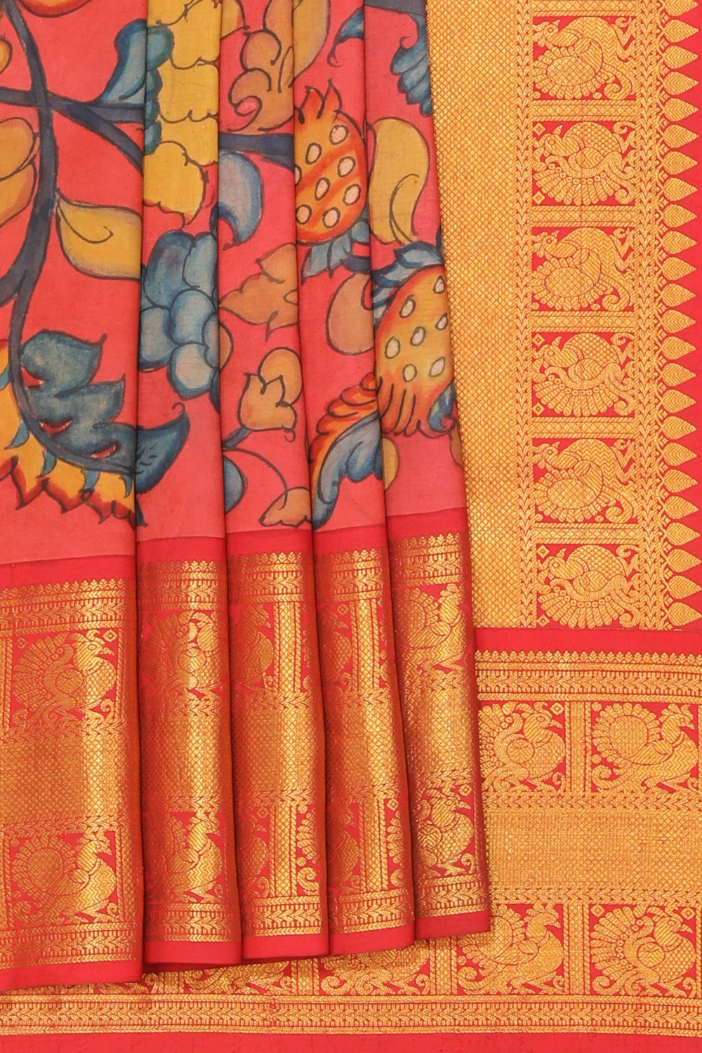 Kalanjali Kalamkari Hand-Painted Silk Coral Pink Saree