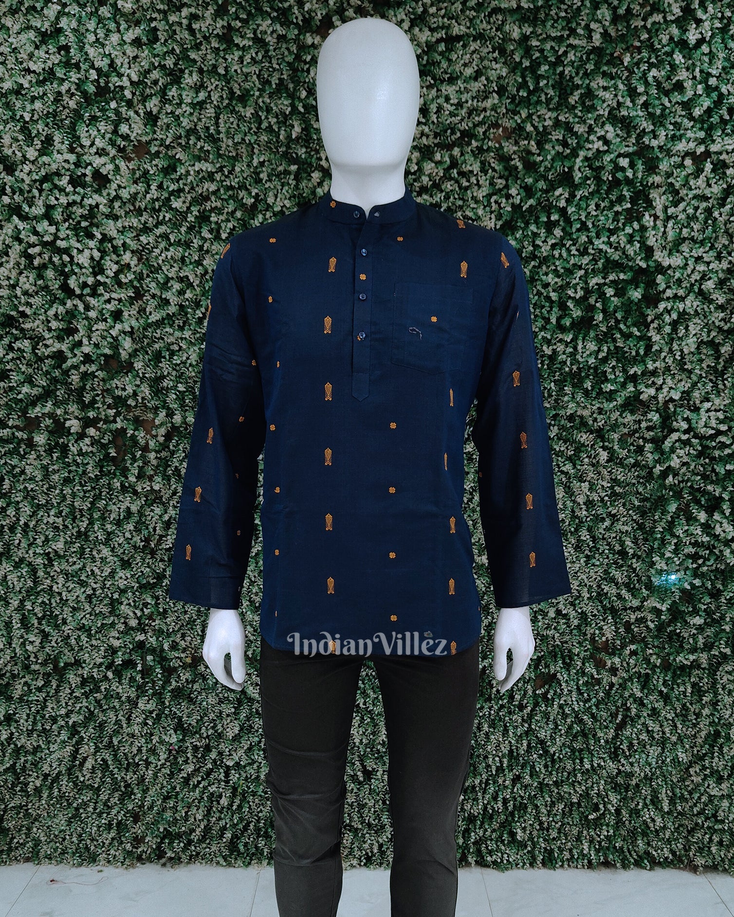 IndianVillèz Blue Fish Motif Odisha Ikat Cotton Kurta for Men