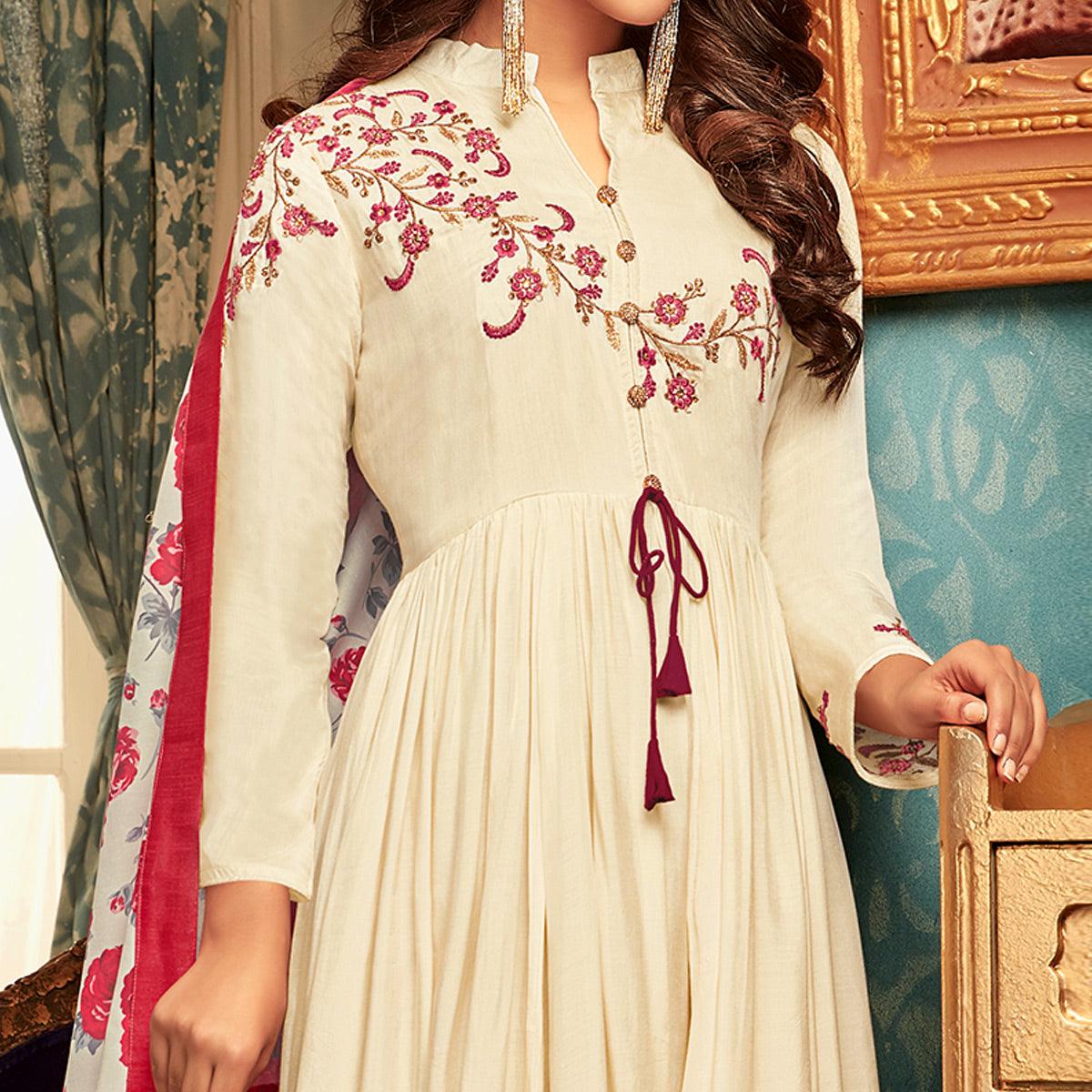 Peachmode Seller Imposing Cream Colored Partywear Embroidered Heavy Muslin Gown - view 3