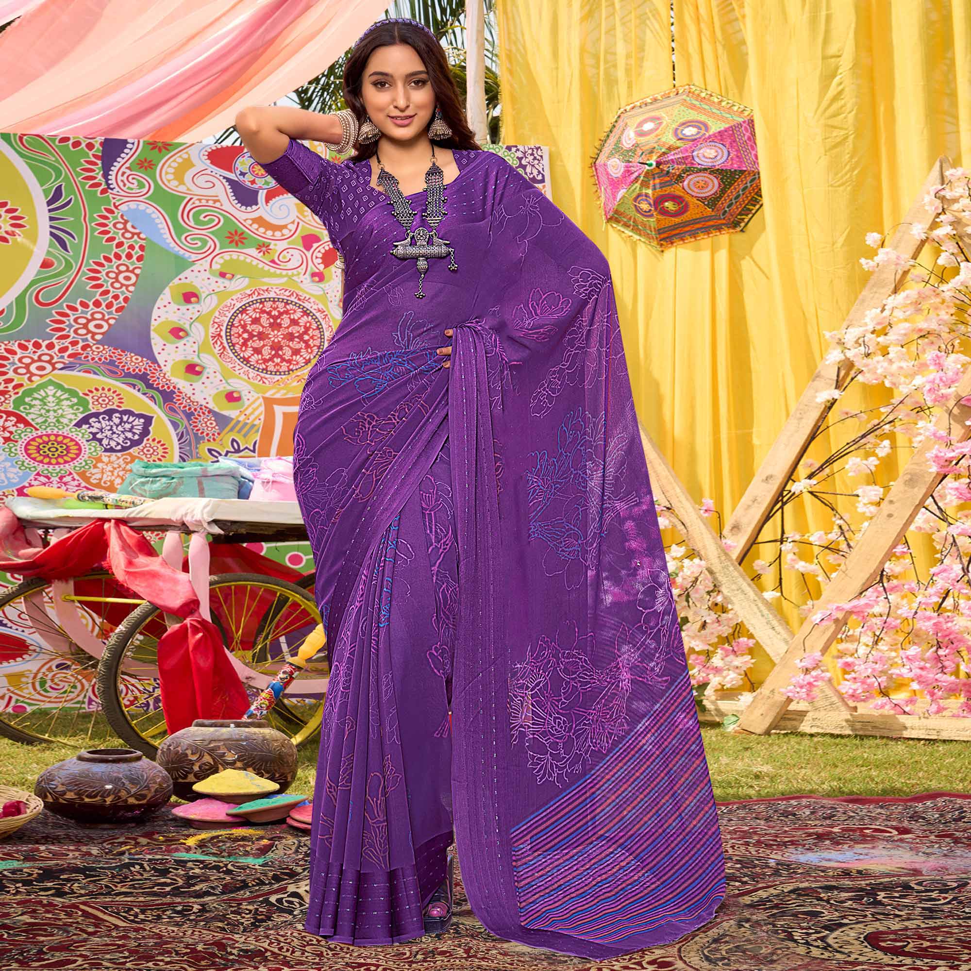 Peachmode Lavender Floral Printed Georgette Saree With Woven Border - view 2