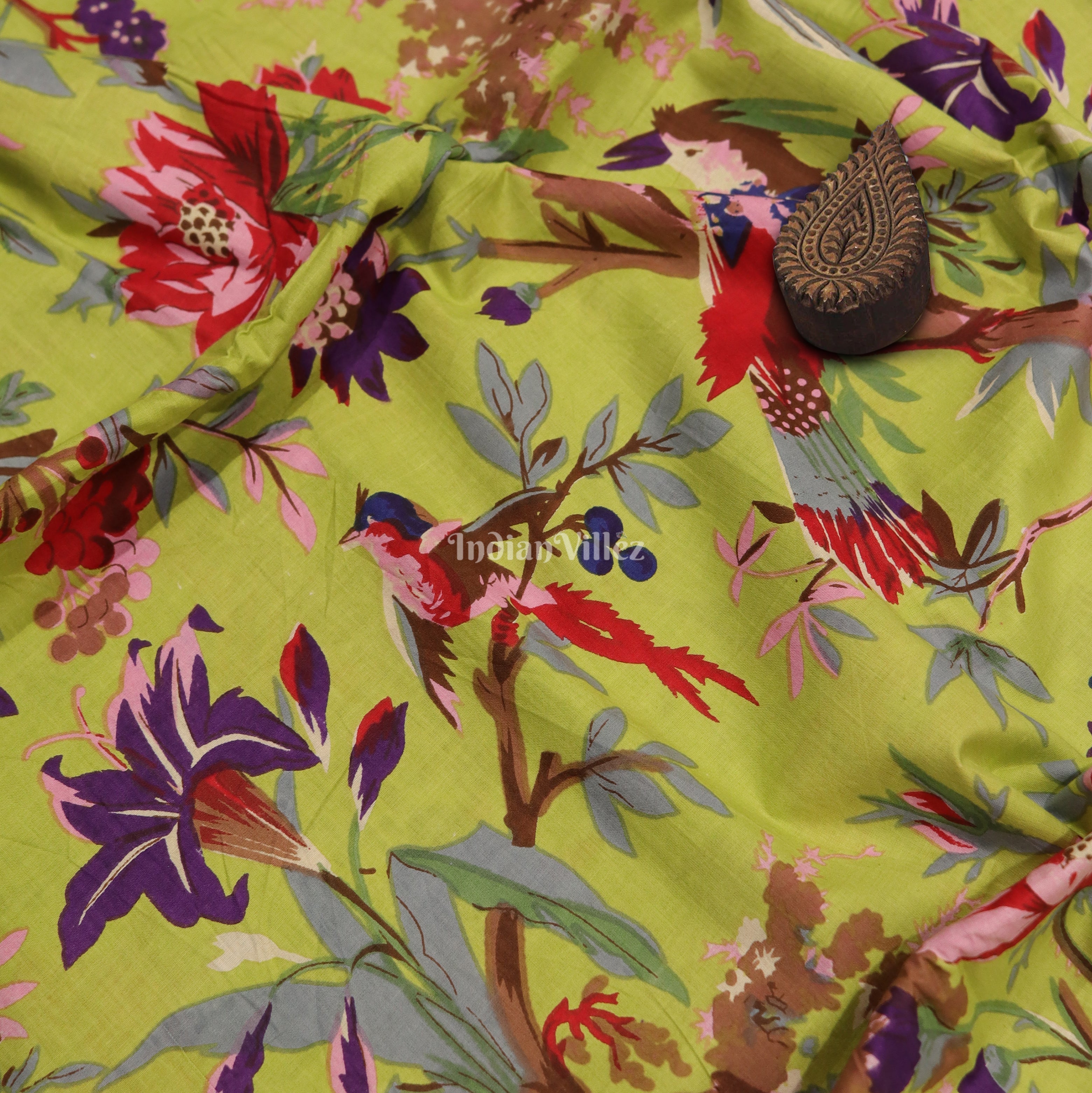 IndianVillèz Parrot Green Multicolor Forest Theme Hand Block Printed Cotton Fabric
