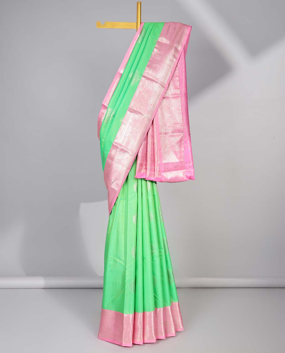 Pothys Green floral motifs gift saree with contrast paisley border & intricate zari design pallu