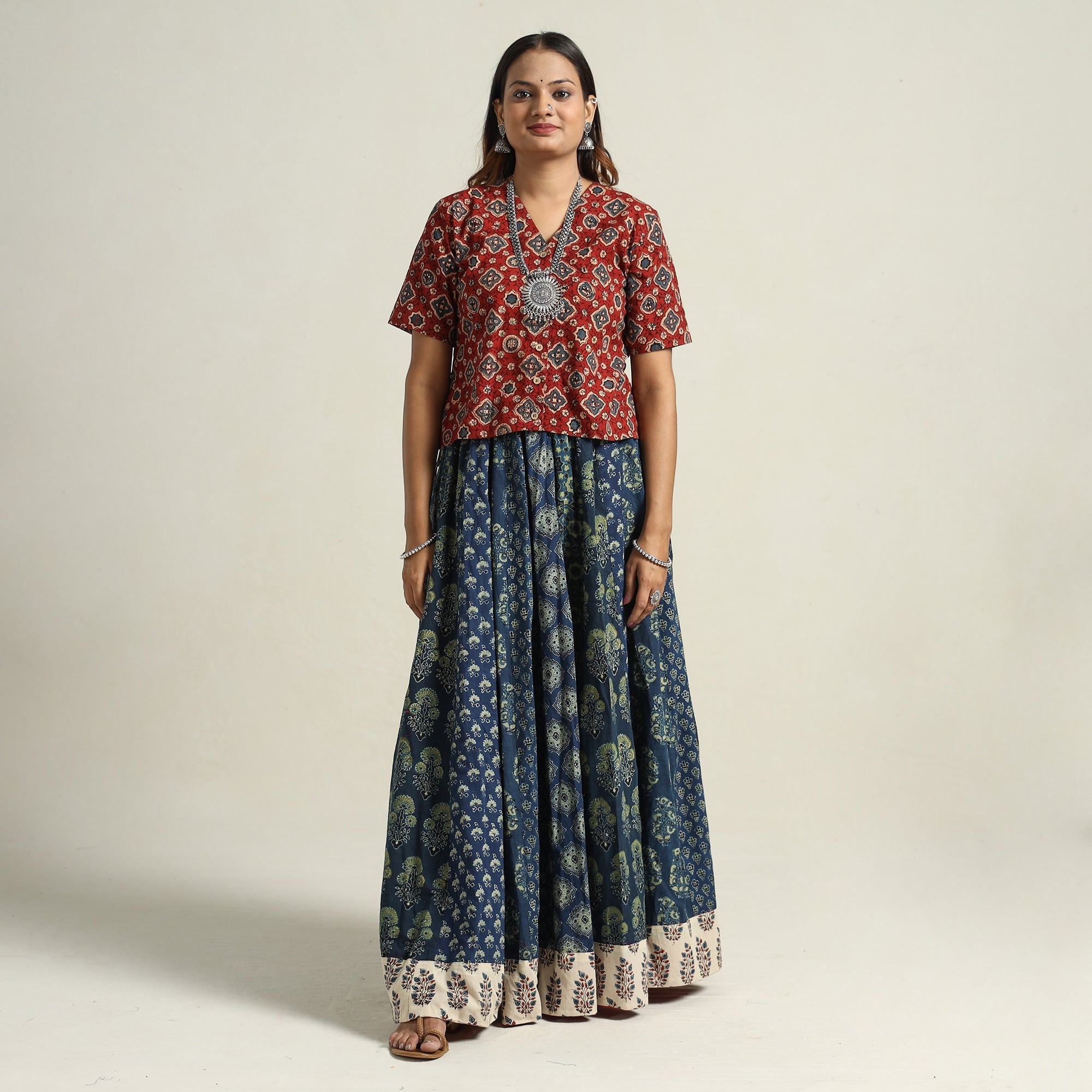 NOORI BAZAR Blue - Ajrakh Block Printed 24 Kali Patchwork Cotton Long Skirt 32