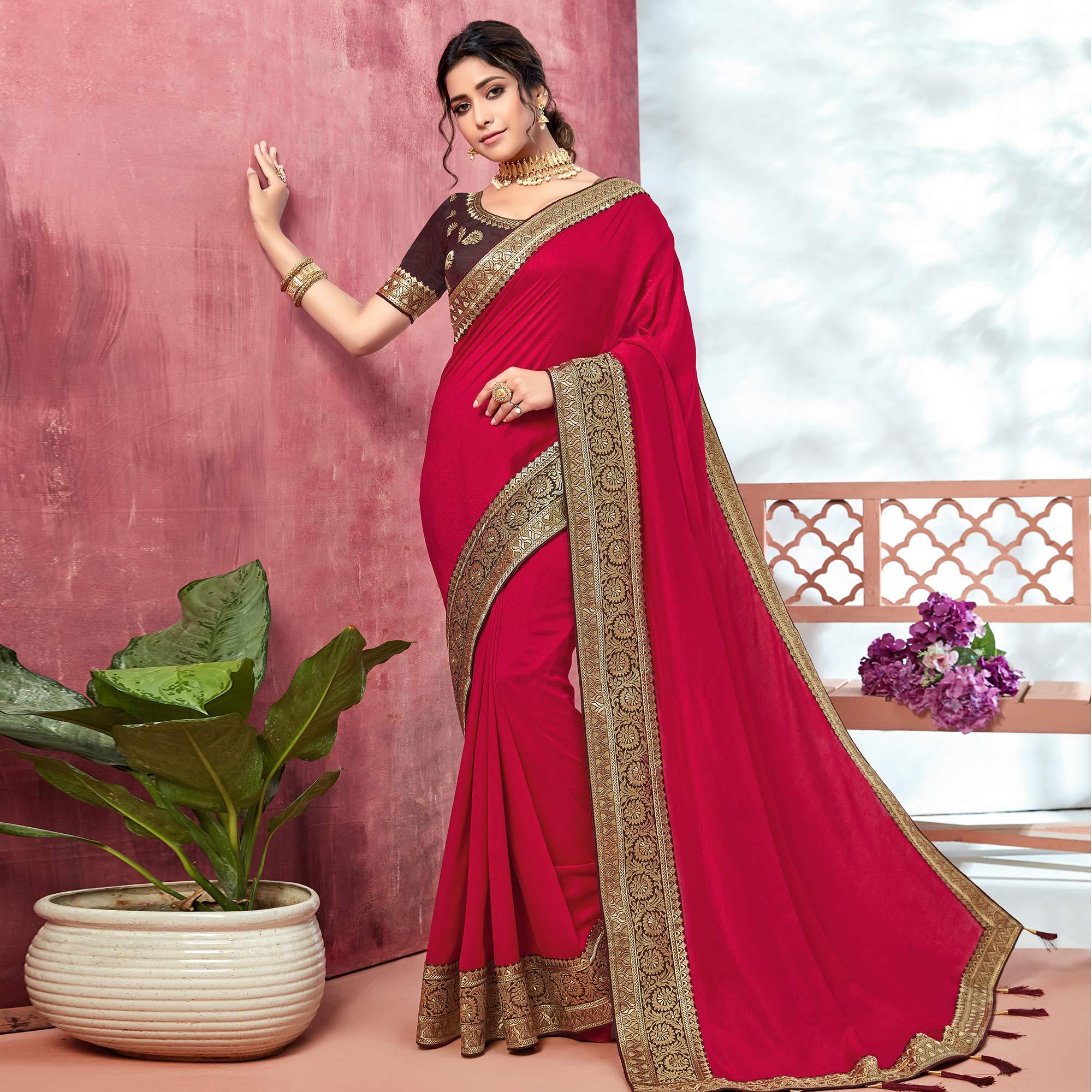 Peachmode Dark Pink Festive Wear Silk Saree With Embroidered Border