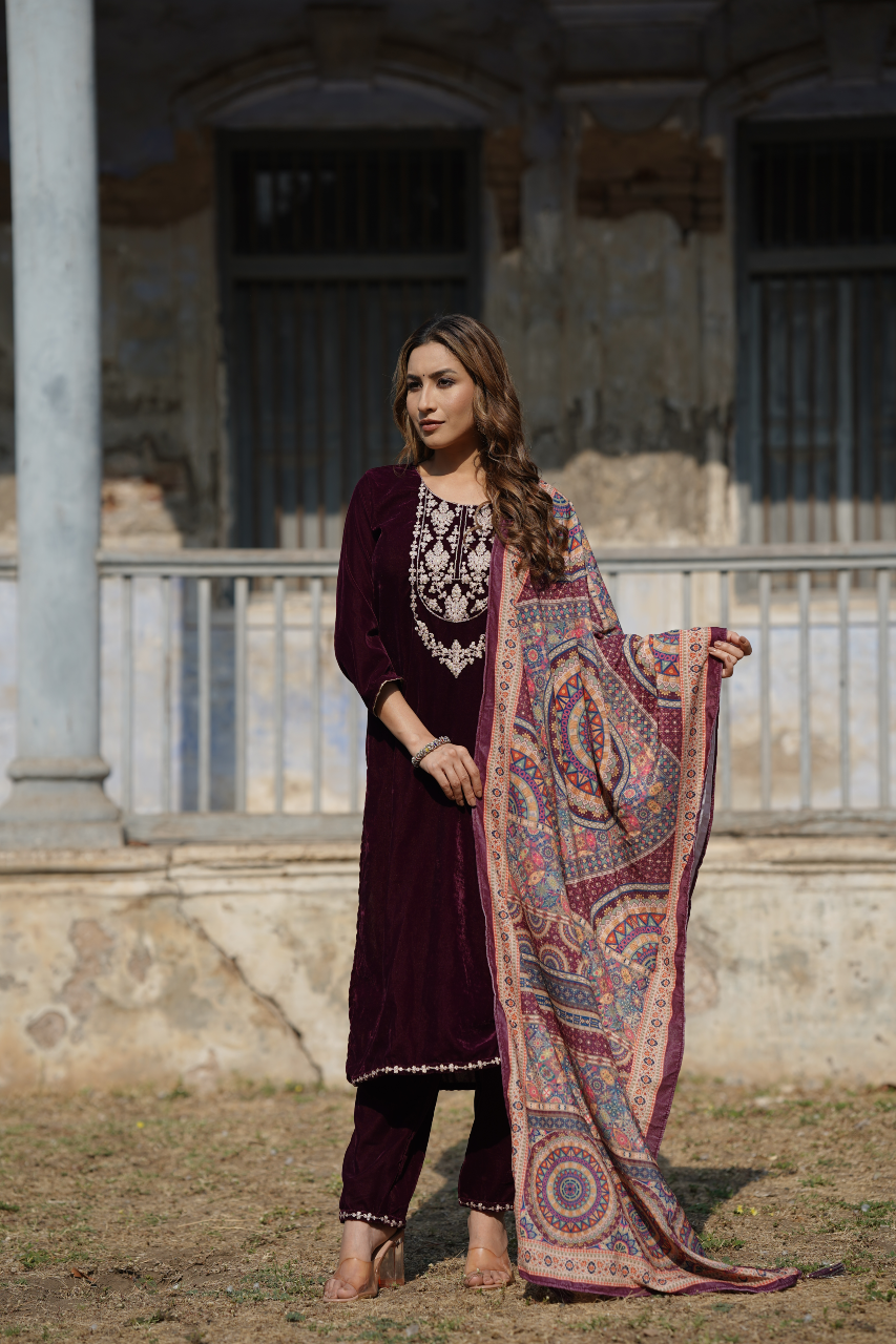 Ahika Burgundy Velvet Straight Kurta Pant With Dupatta PKSKD1766 - view 5