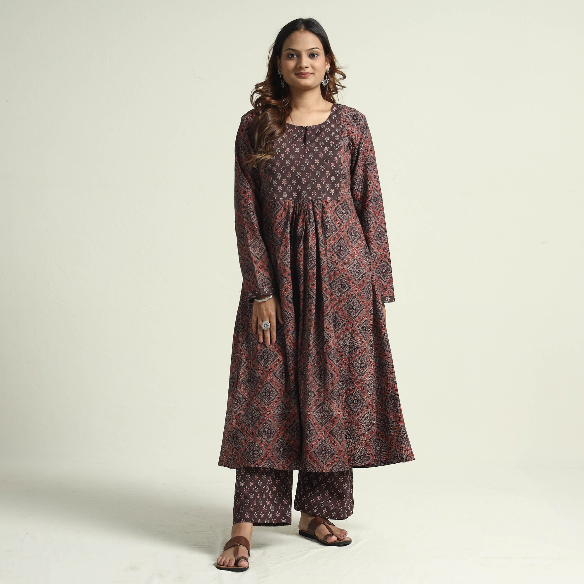 ITOKRI CASUALS Brown - Block Print Cotton Flared Ajrakh Kurta with Palazzo Set - view 2