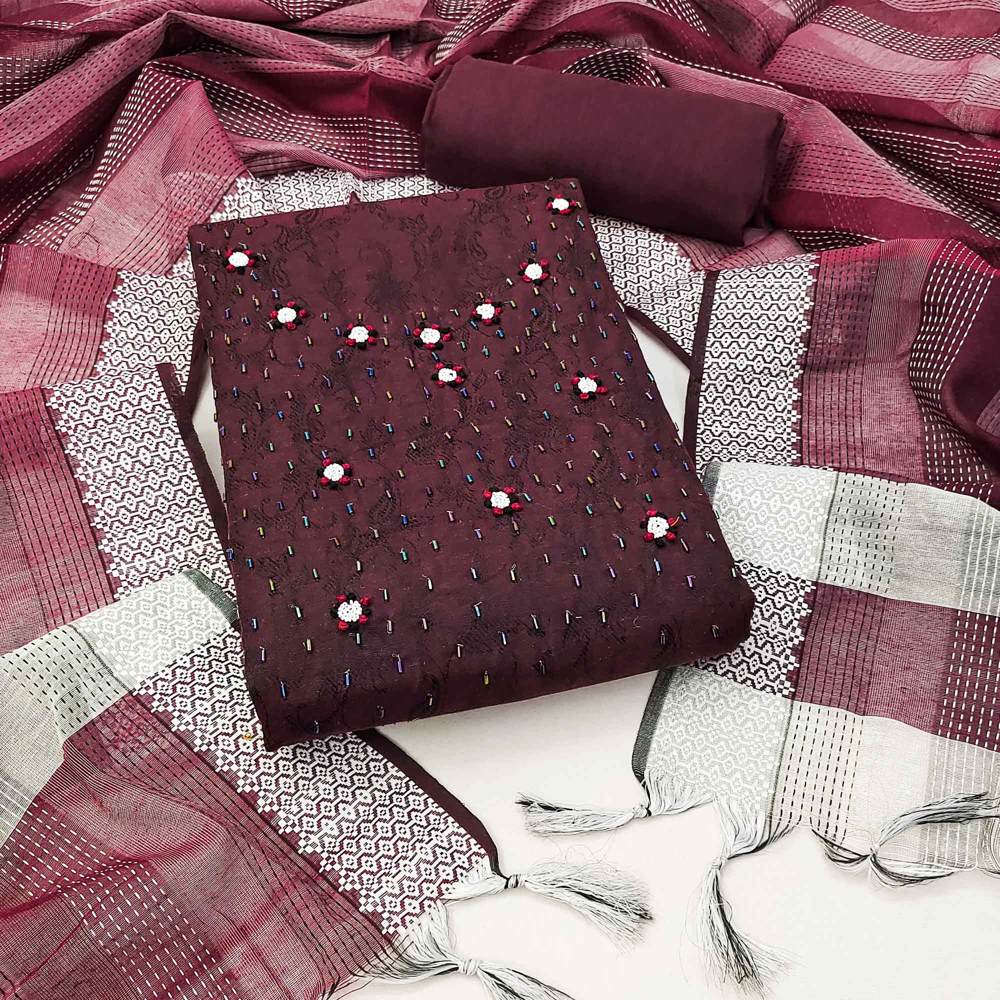 Peachmode Maroon Embroidered Pure Cotton Dress Material