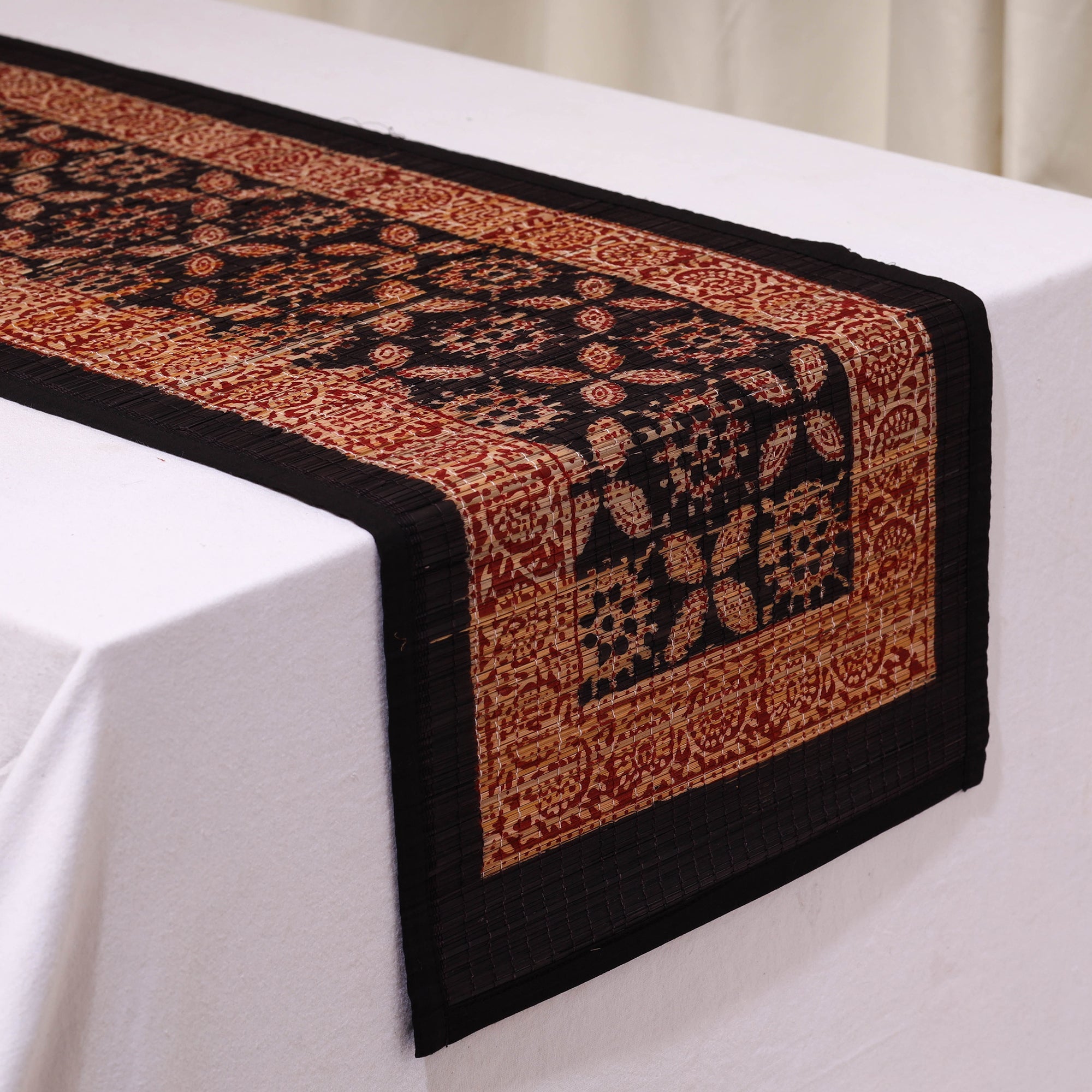 BAGH PRINTS BY MOHAMMED BILAL KHATRI Black - Natural Bamboo Bagh Block Printed Dining Table Runner 06