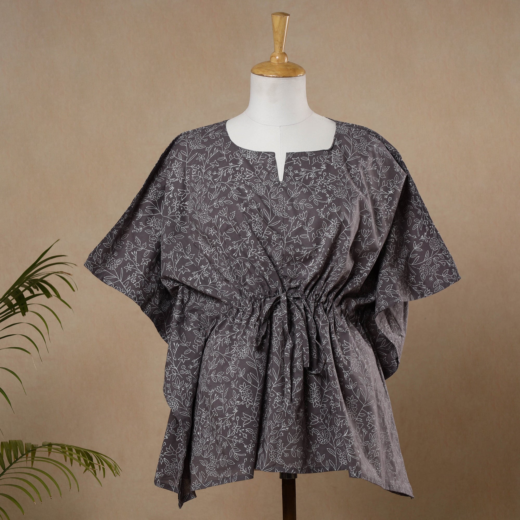 CHUTNEY CRAFT STUDIO Brown - Hand Block Printed Cotton Kaftan with Tie-Up Waist (Short)