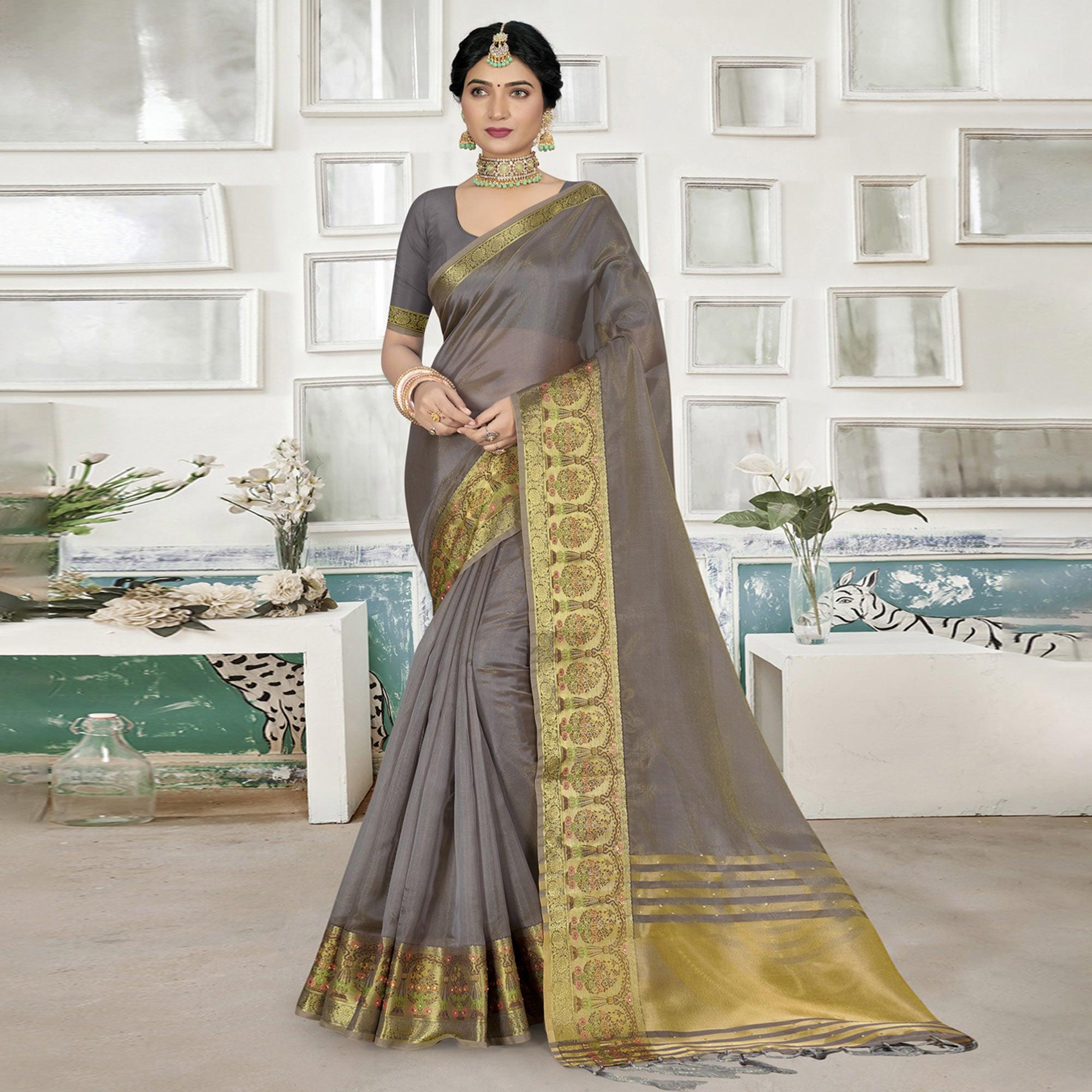 Peachmode Grey Solid Organza Saree – Women's