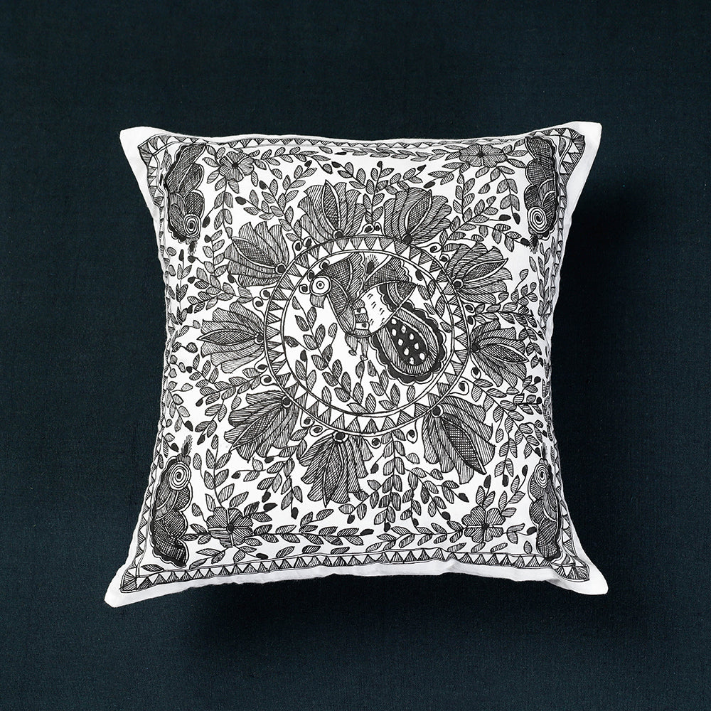 ITOKRI CRAFTS INITIATIVE Black - Madhubani Handpainted Cotton Cushion Cover (16 x 16 in)