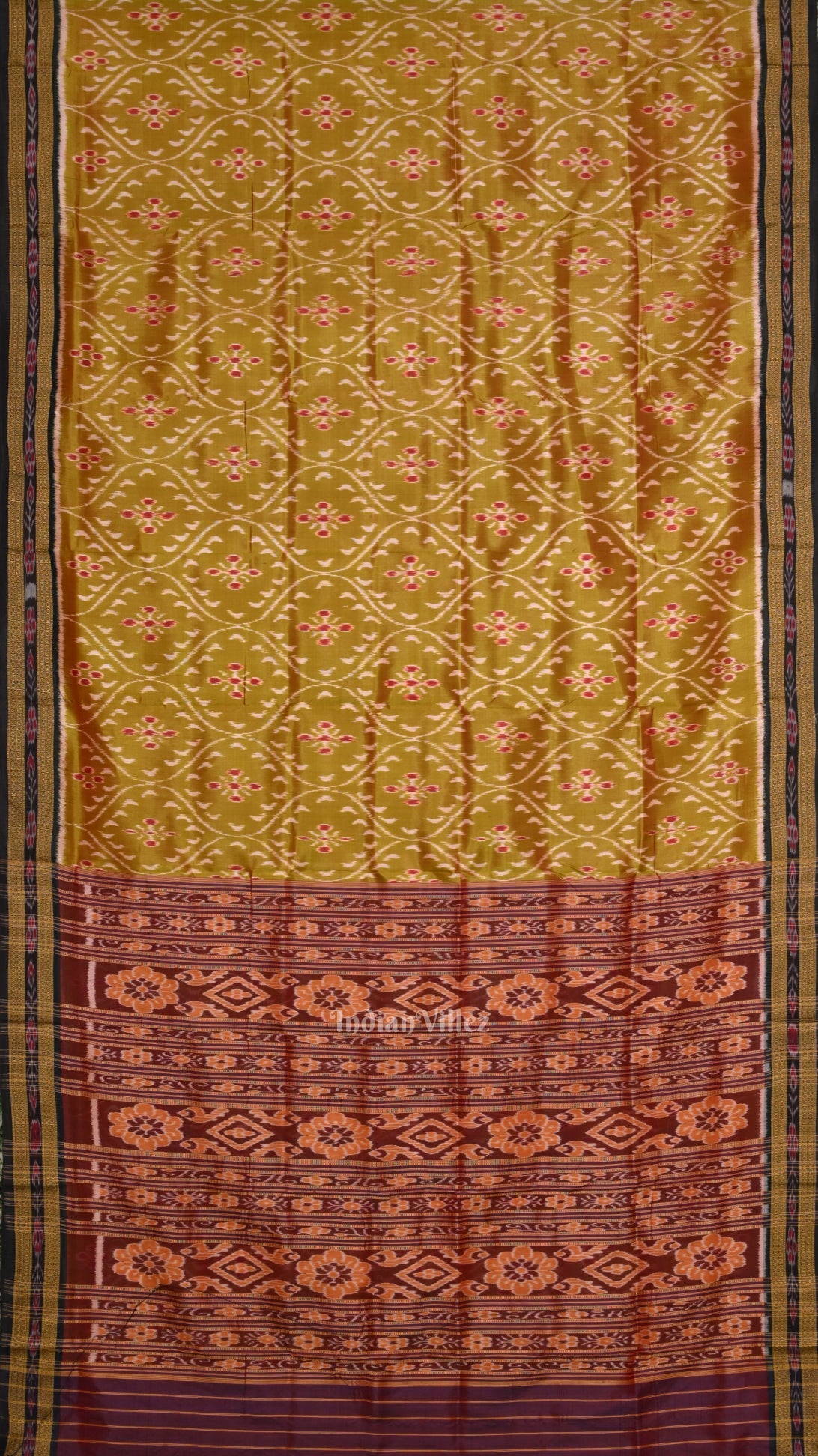 IndianVillèz Mehendi Green Maroon Floral Theme Odisha Ikat Khandua Silk Saree