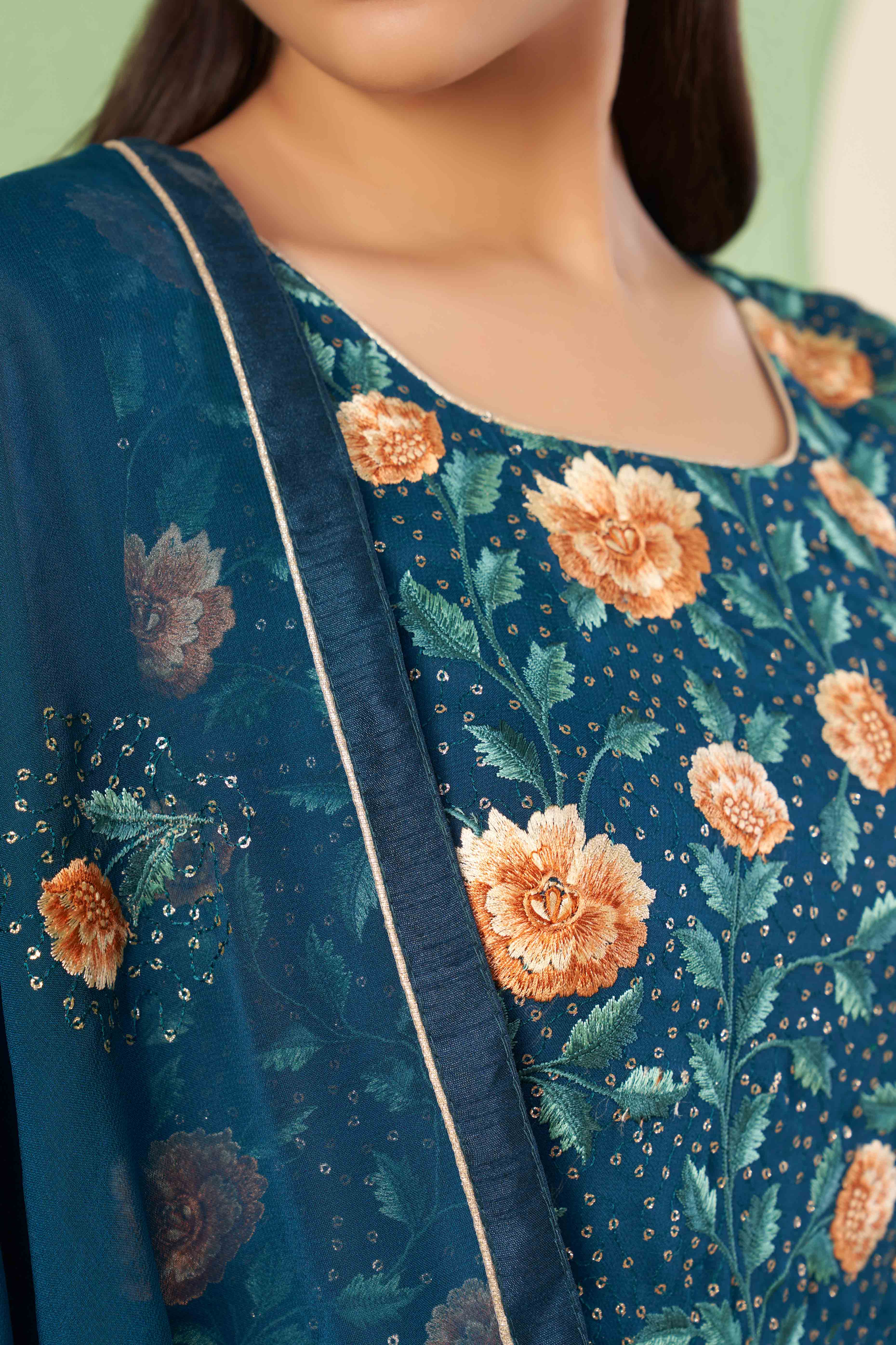 Peachmode Seller Morpich Blue Floral Sequins Embroidered Georgette Semi Stitched Suit - view 2