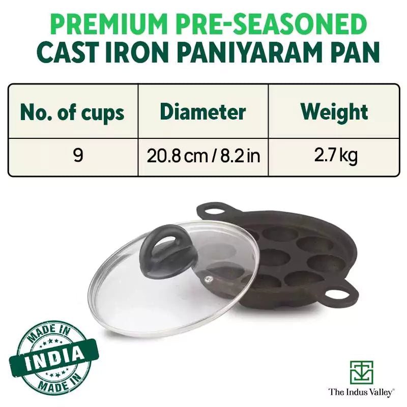 The Indus Valley 9 Pit/Cup CASTrong Cast Iron Paniyaram/Appe Pan+ Glass Lid, Pre-seasoned, Natural Nonstick, 100% Pure, Toxin-free, 21 cm, 2.7 kg - view 3