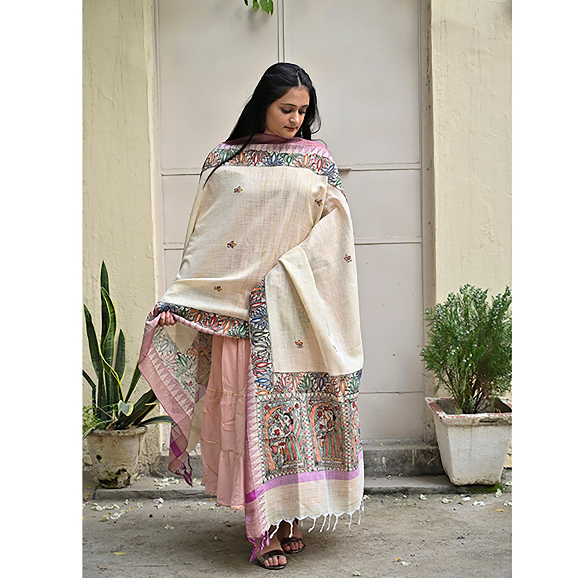 DIORAMA DESIGNS Beige - Madhubani Hand-Painted Cotton Dupatta - view 2