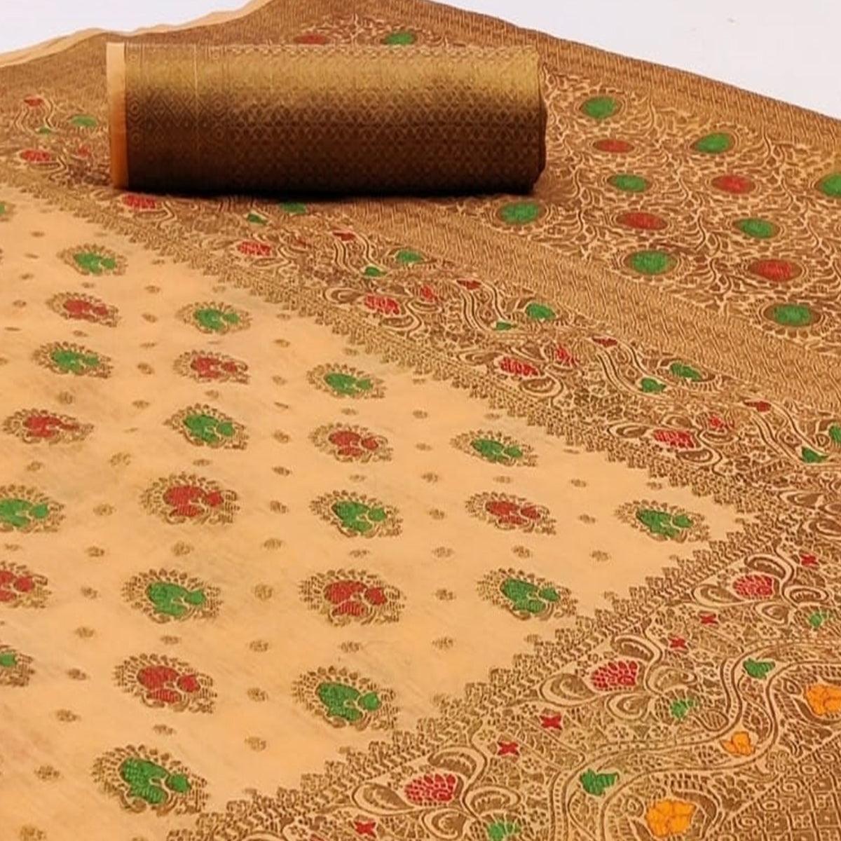 Peachmode Capricious Light Peach Colored Festive Wear Woven Cotton Saree - view 2