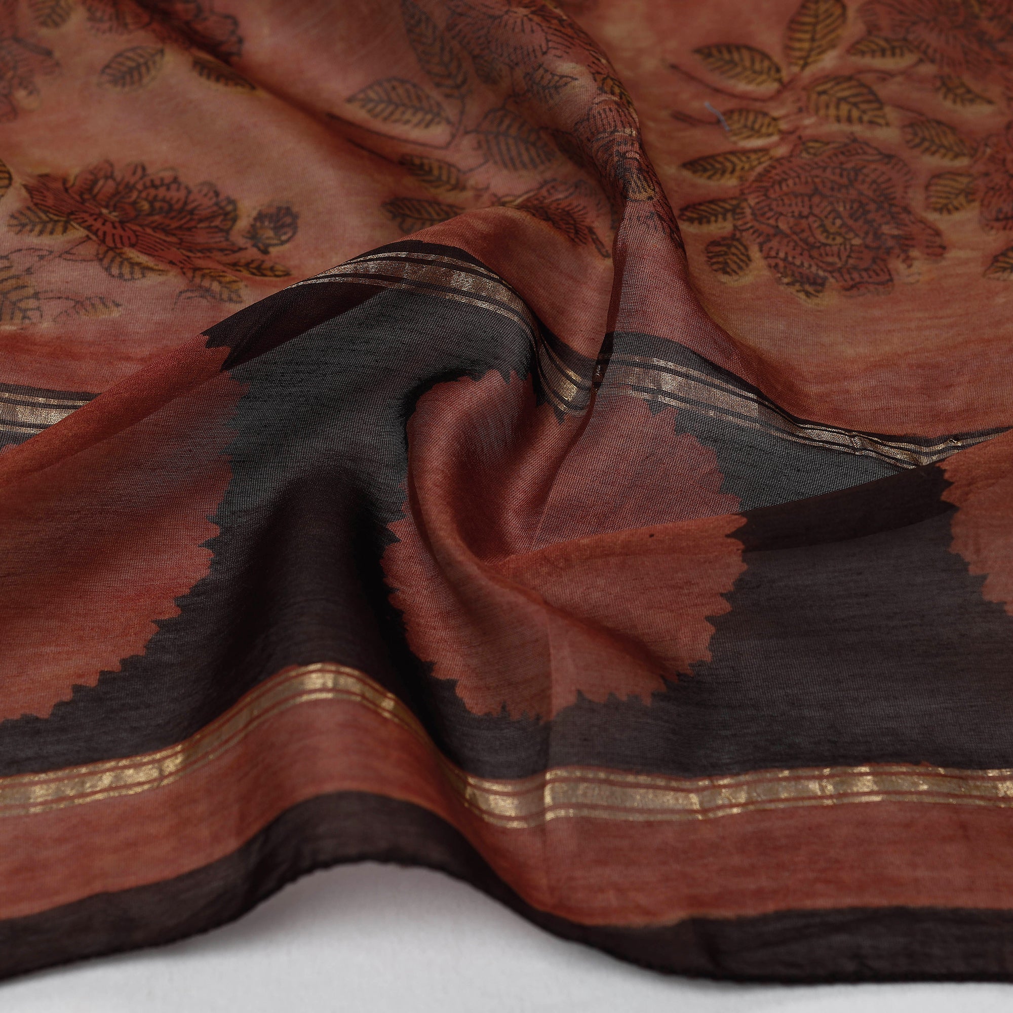 BAGRU DABU PRINTS Brown - Bagru Block Printed Chanderi Silk Handloom Stole with Zari Border - view 3