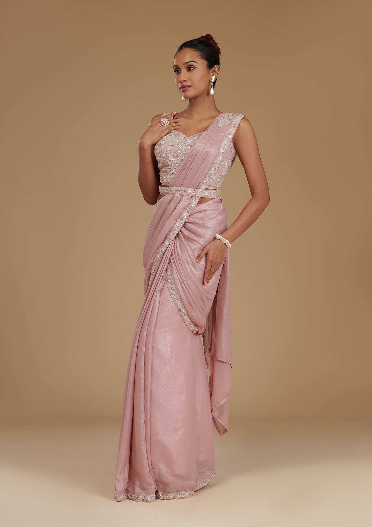 Koskii Peach Sequins Chiffon Readymade Saree – Women's - view 5