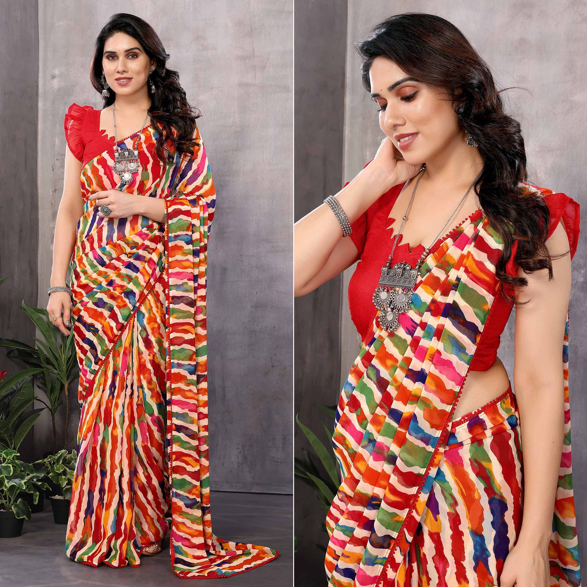 Peachmode Multicolor Striped Printed Georgette Ready To Wear Saree