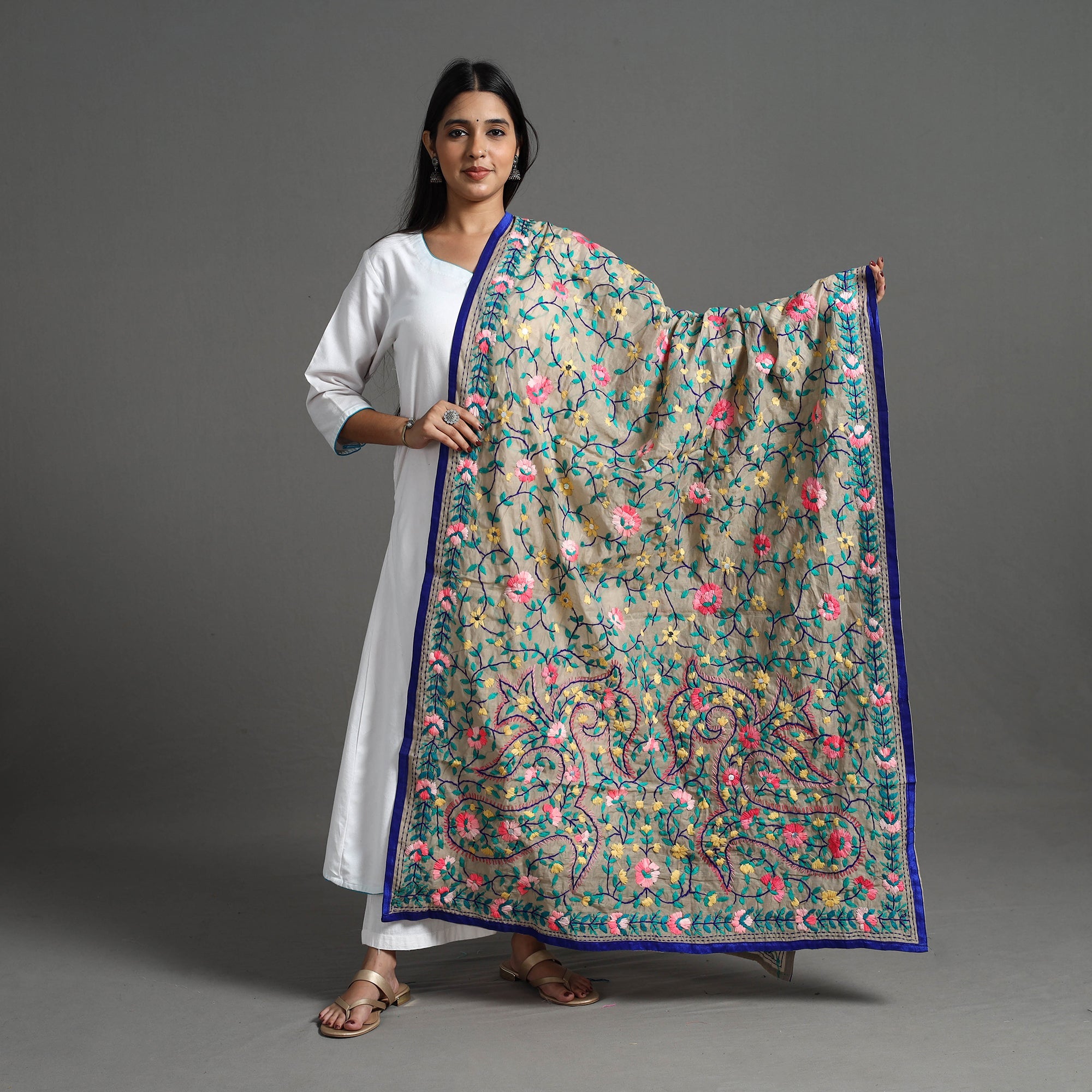 ITOKRI CRAFTS INITIATIVE Beige - Chanderi Silk Hand Embroidery Phulkari Dupatta 95