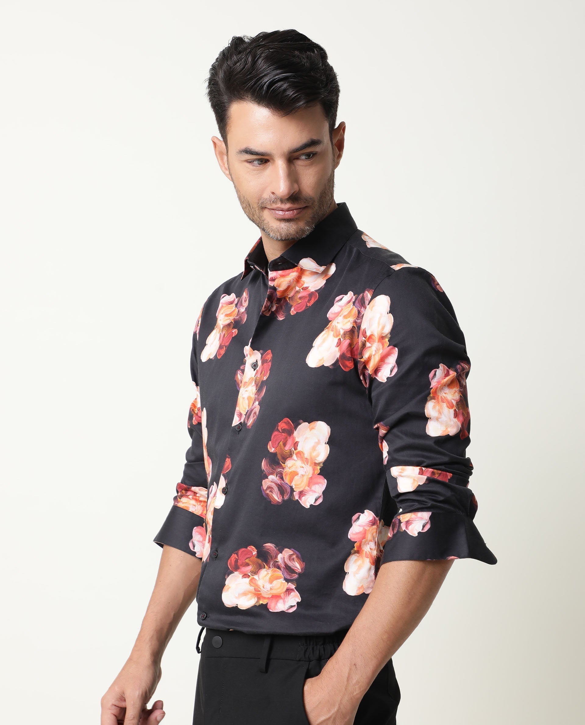 Rare Rabbit Men's Zinnia Black Cotton Fabric Floral Print Full Sleeves Shirt
